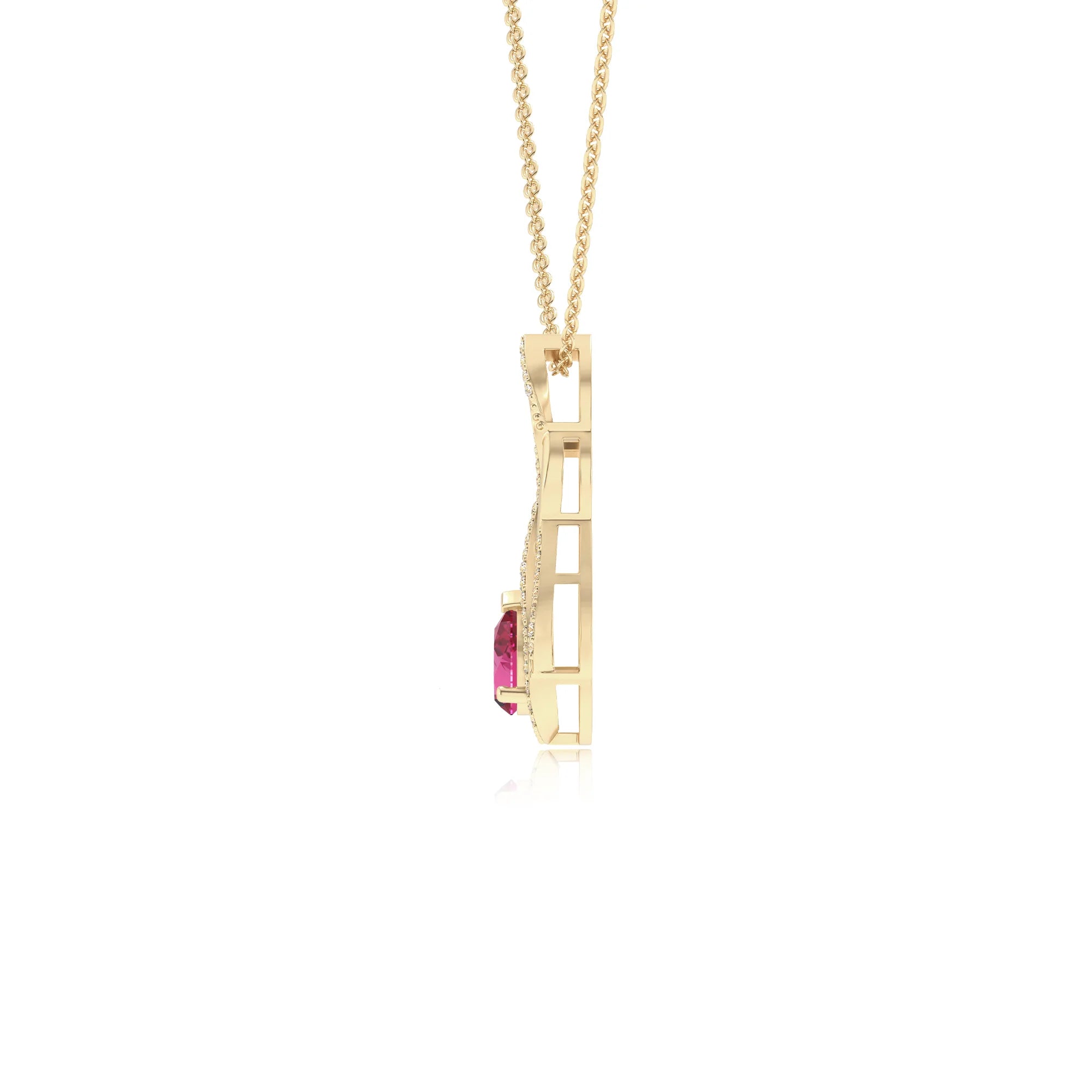 lab grown pink-sapphire pear solitaire necklaces in yellow gold 