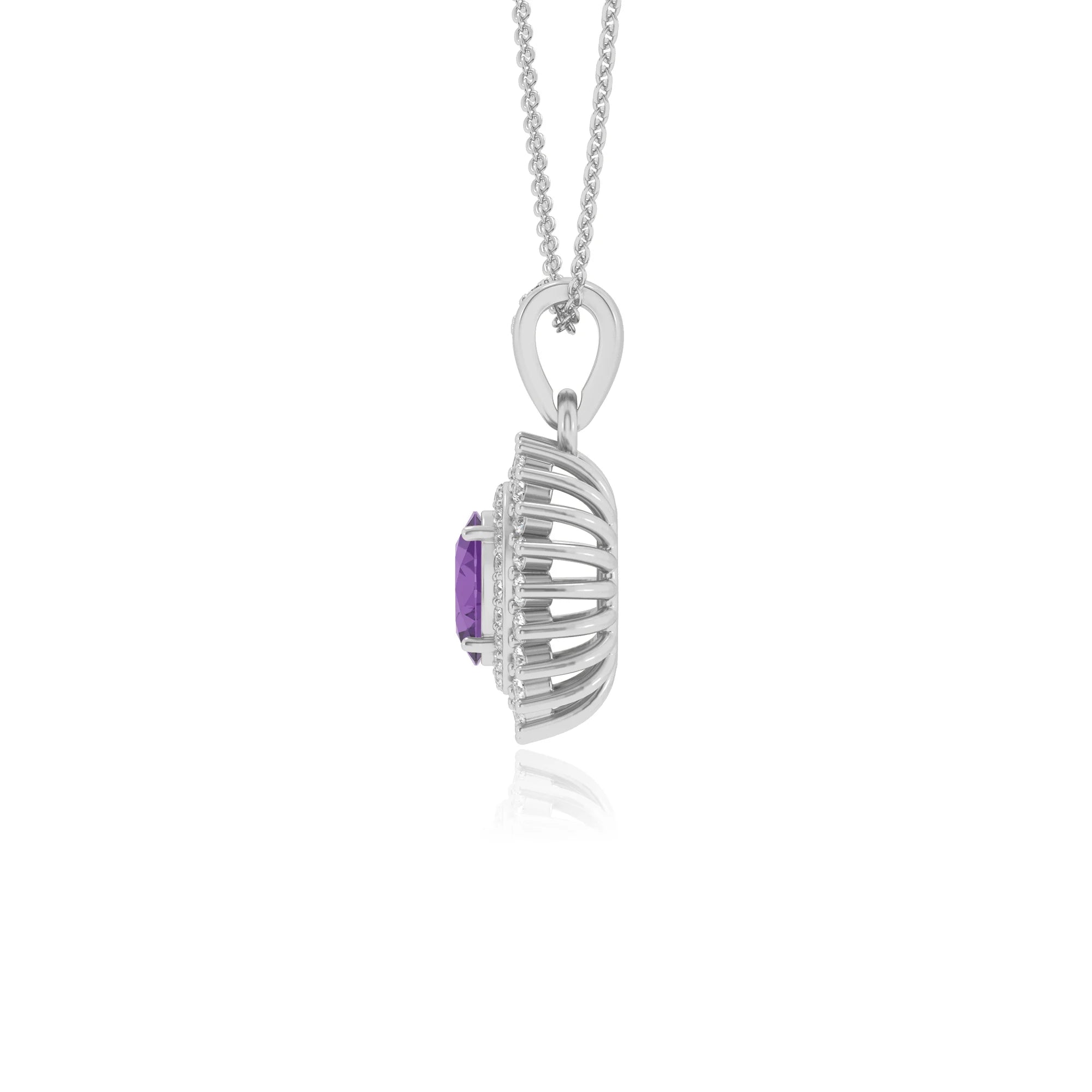 lab grown amethyst oval halo necklaces in white gold 