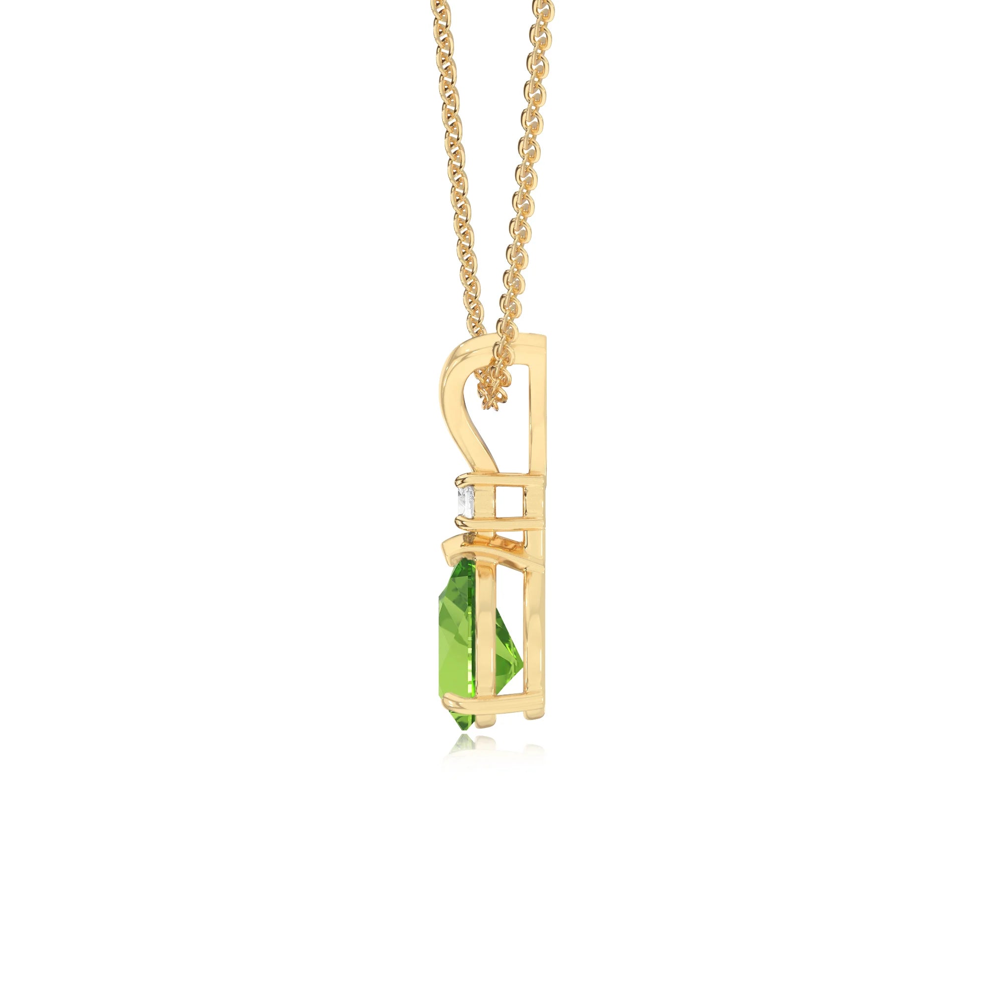 natural peridot pear solitaire v-bale necklaces in yellow gold 