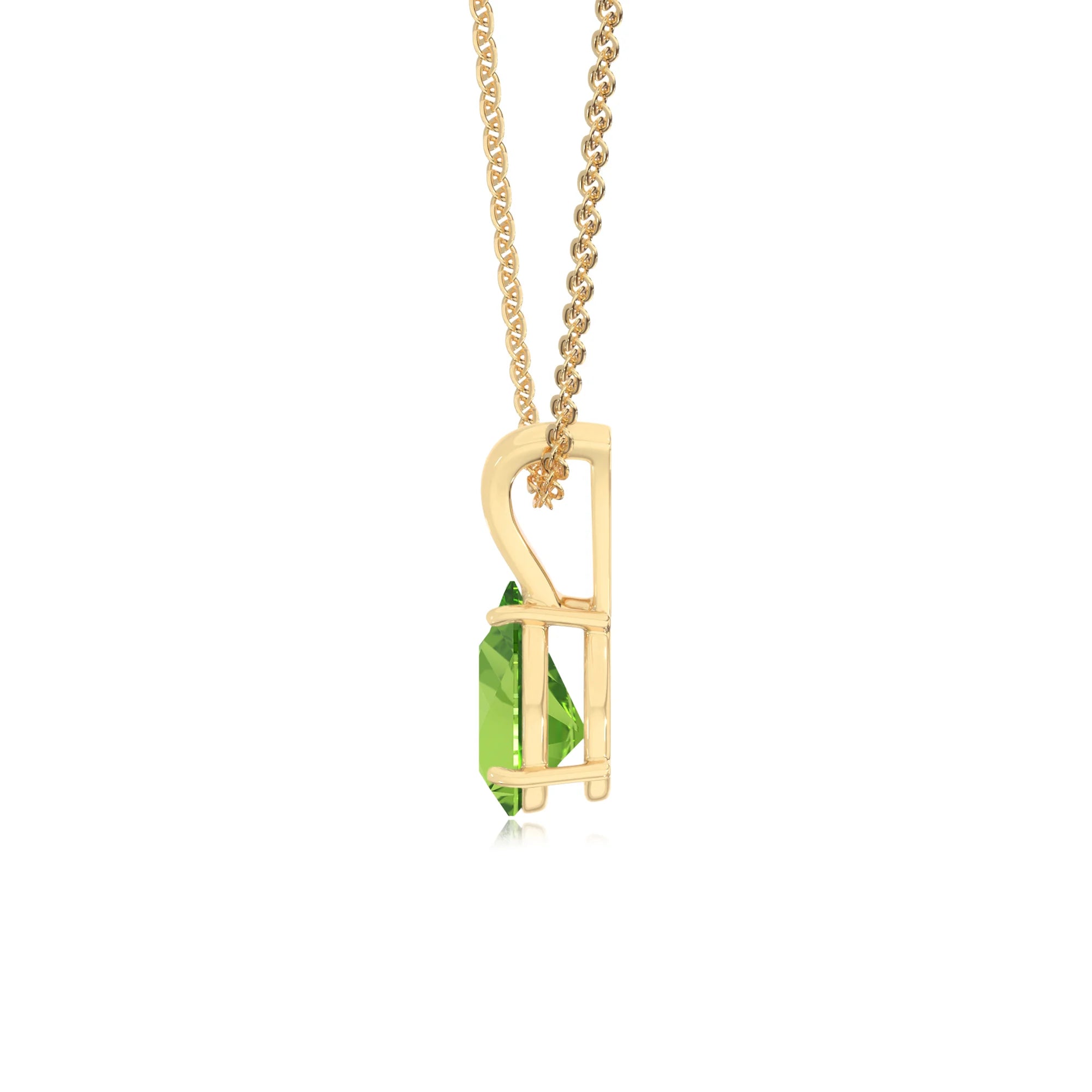 natural peridot pear solitaire v-bale necklaces in yellow gold 