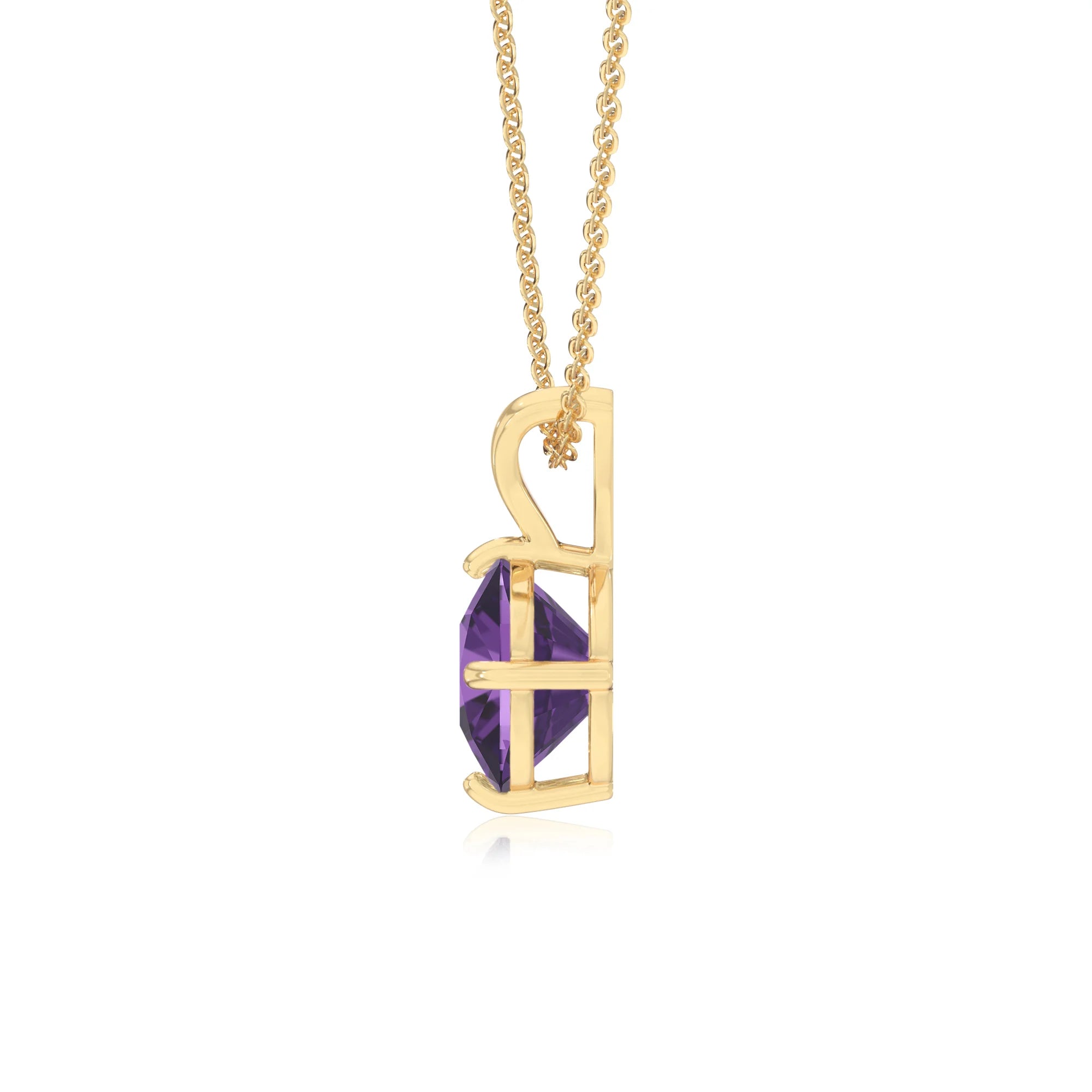 lab grown amethyst cushion solitaire v-bale necklaces in yellow gold 