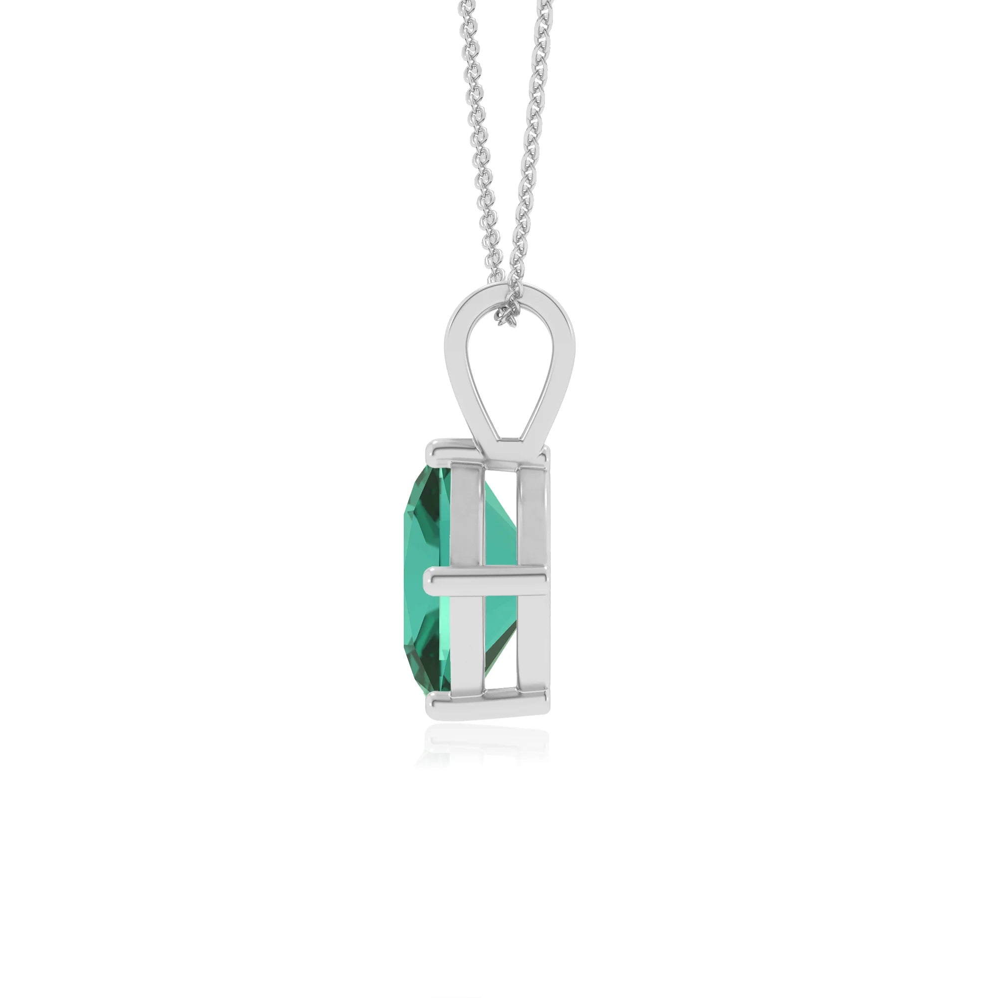 lab grown emerald cushion solitaire v-bale necklaces in white gold 