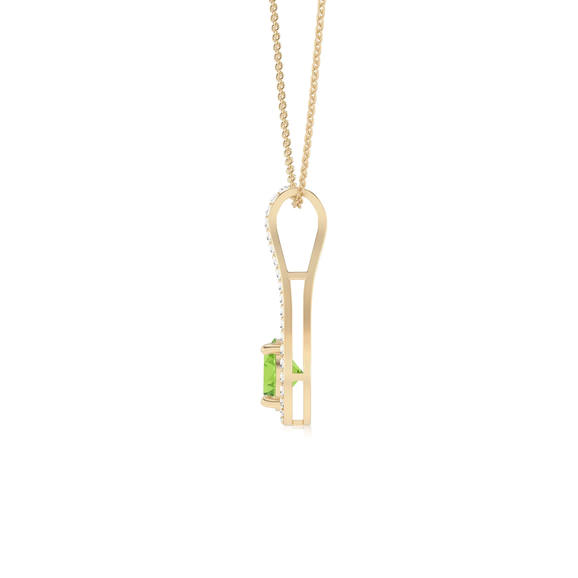 natural peridot round solitaire v-bale necklaces in yellow gold 