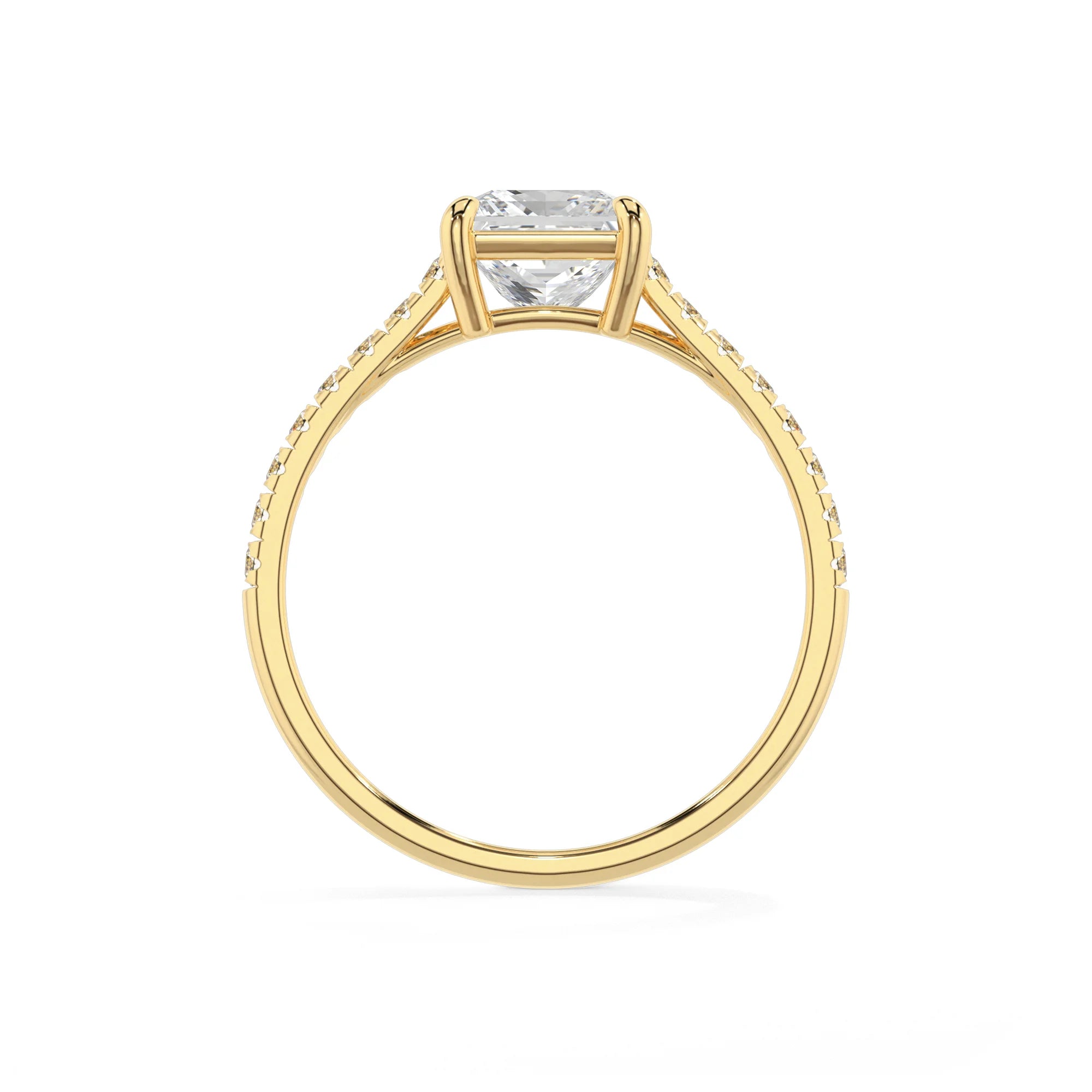 lab grown moissanite princess half eternity solitaire engagement rings in yellow gold 