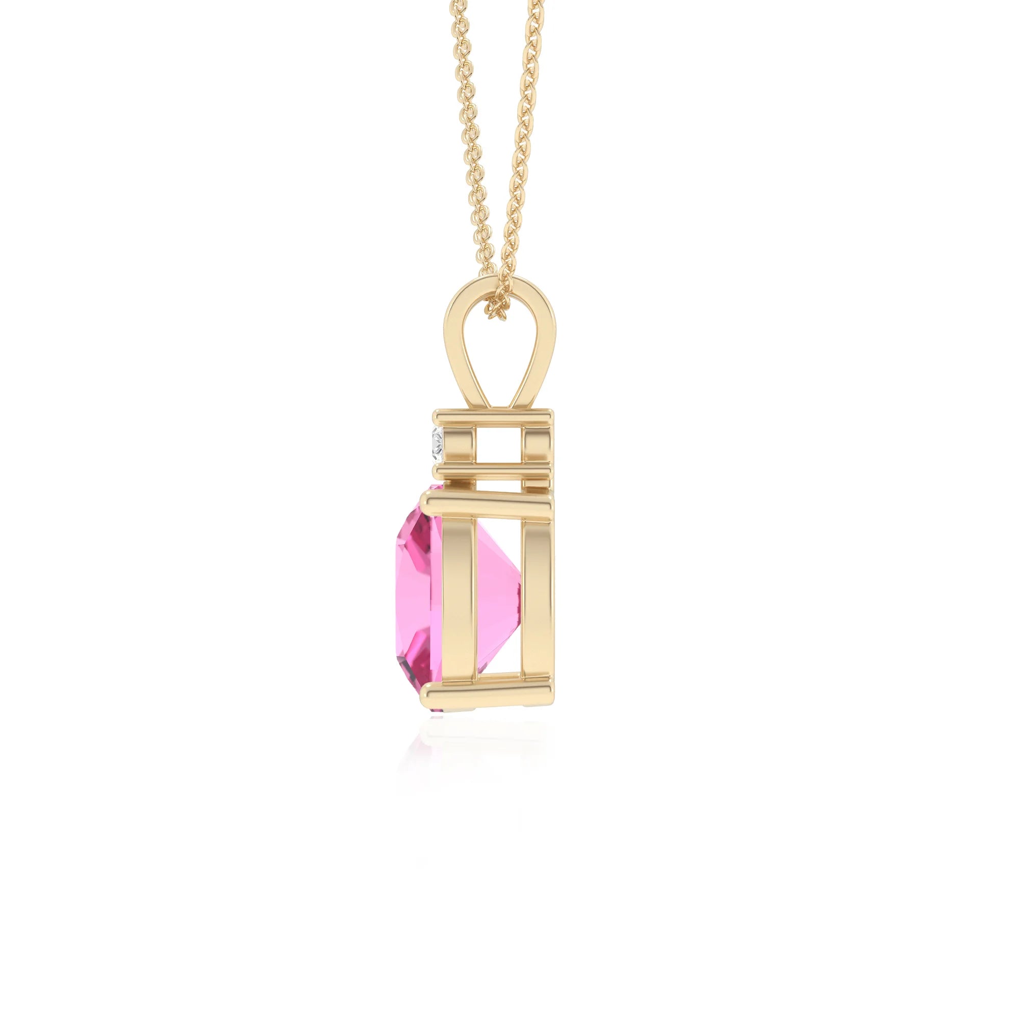 lab grown pink-sapphire cushion solitaire v-bale necklaces in yellow gold 