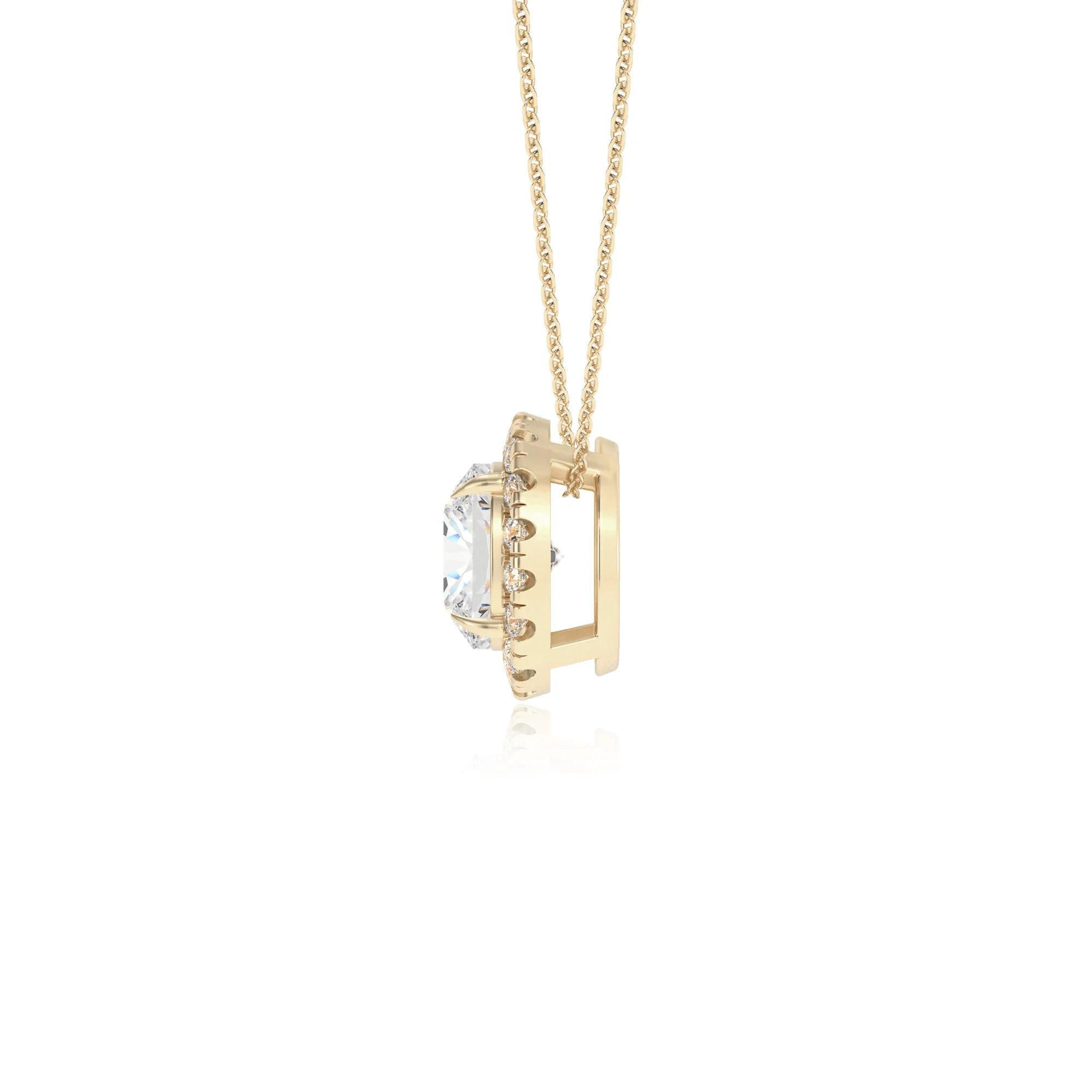lab grown moissanite cushion solitaire necklaces in yellow gold 