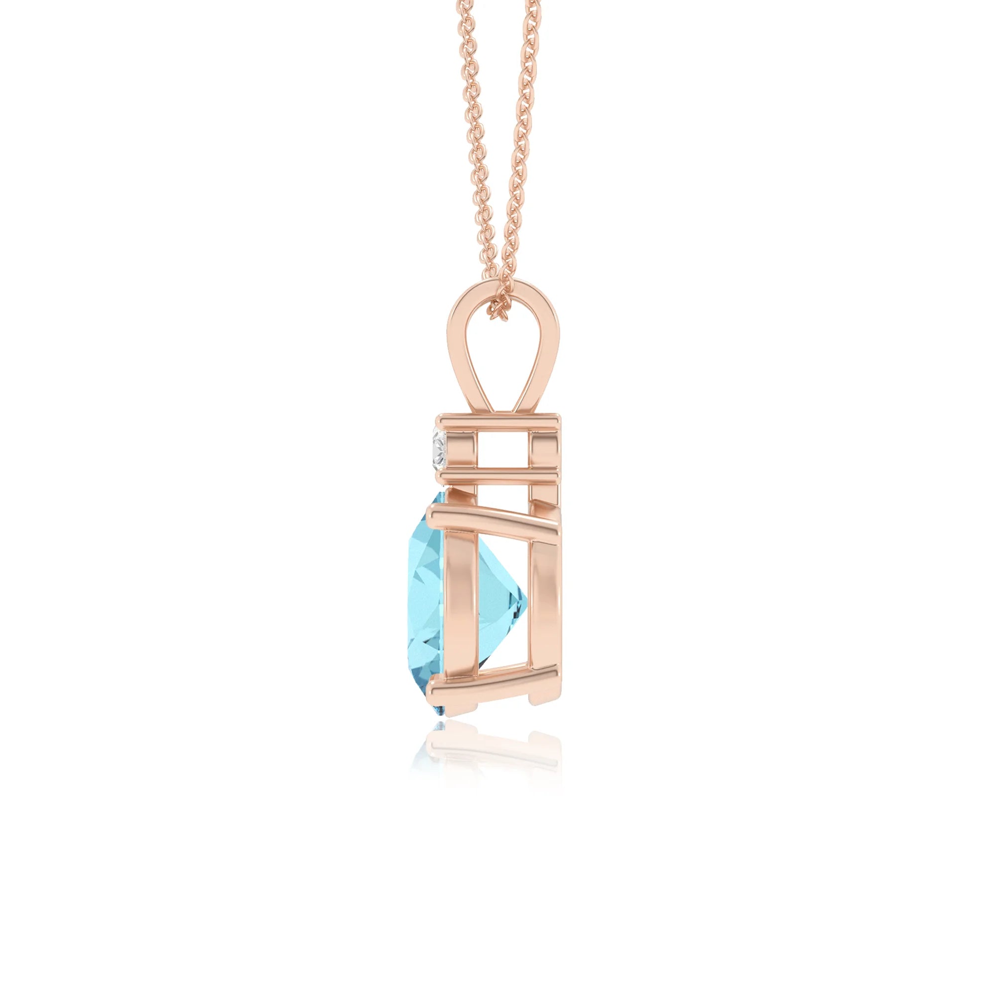 lab grown aquamarine round solitaire v-bale necklaces in rose gold 