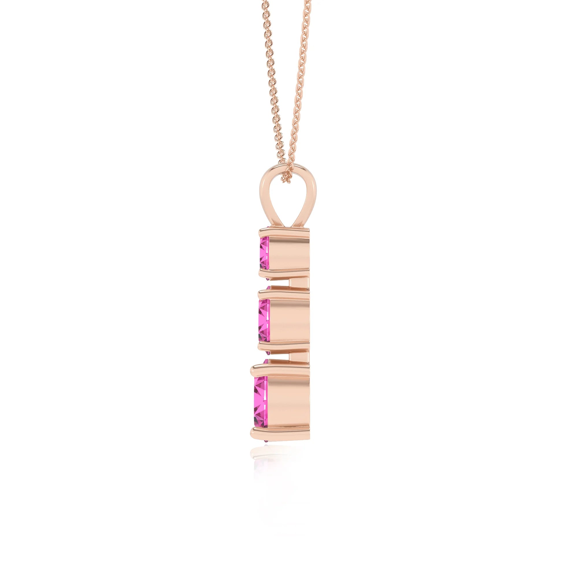 lab grown pink-sapphire round bar v-bale necklaces in rose gold 