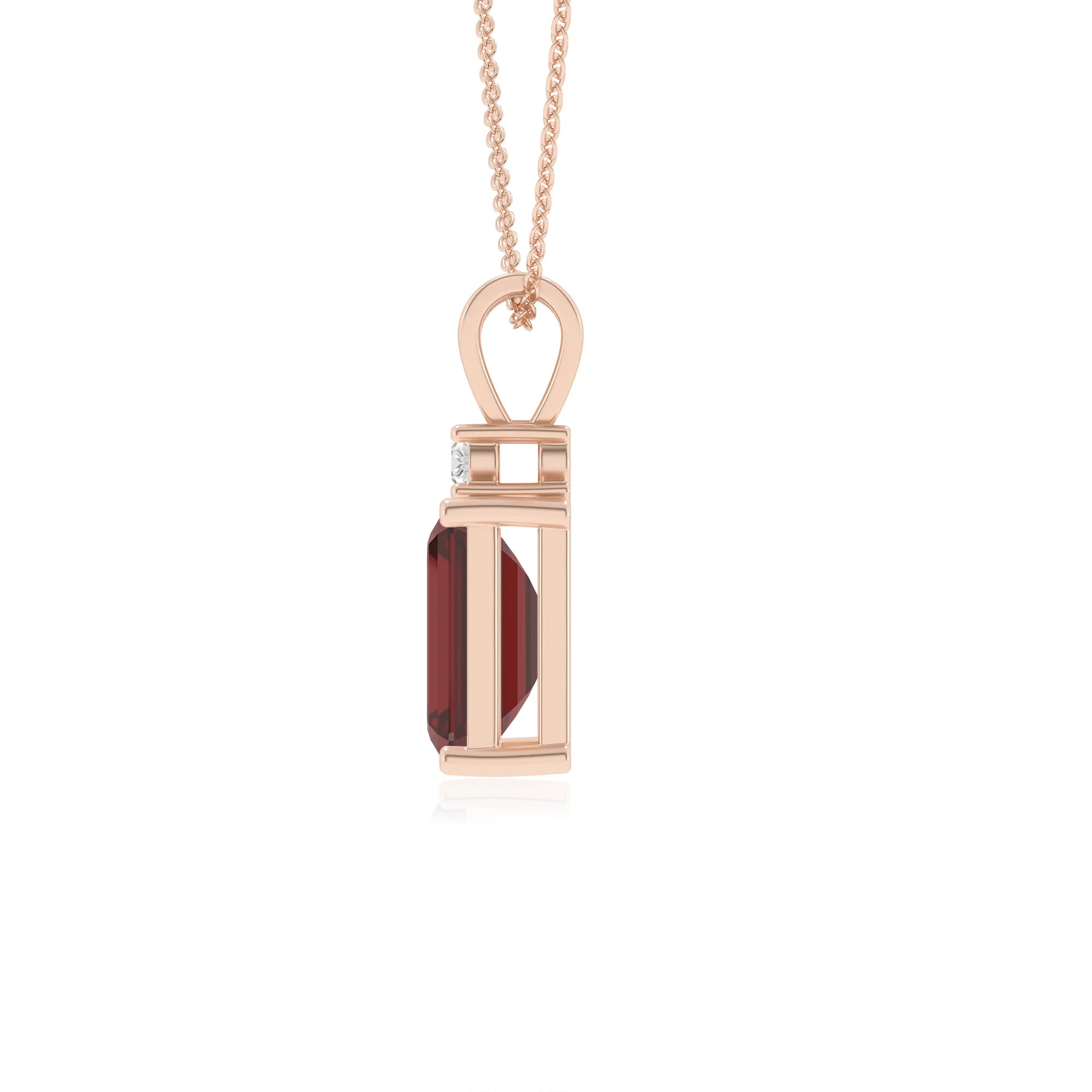 natural garnet emerald cut solitaire v-bale necklaces in rose gold 