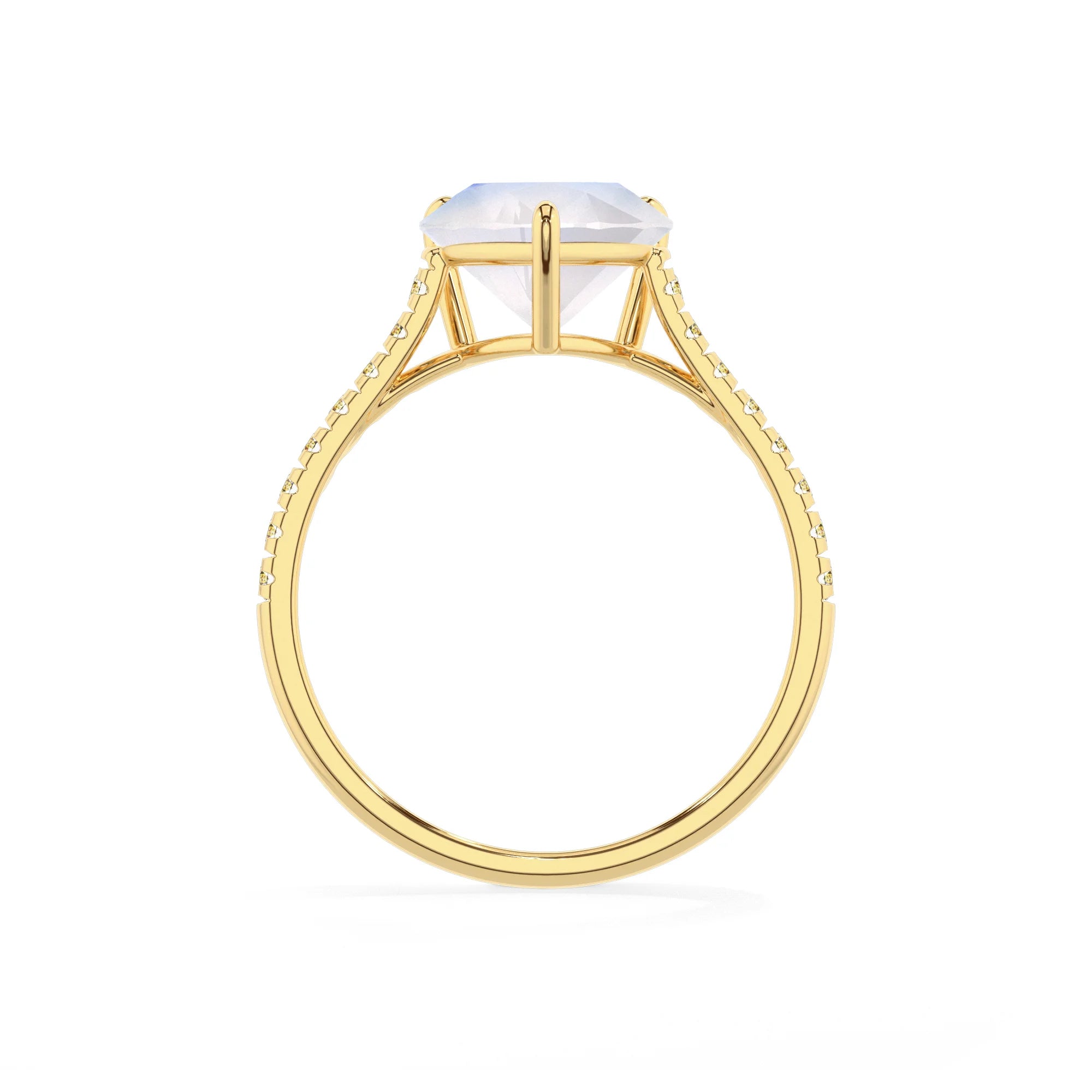 natural rainbow-moonstone heart half eternity solitaire engagement rings in yellow gold 