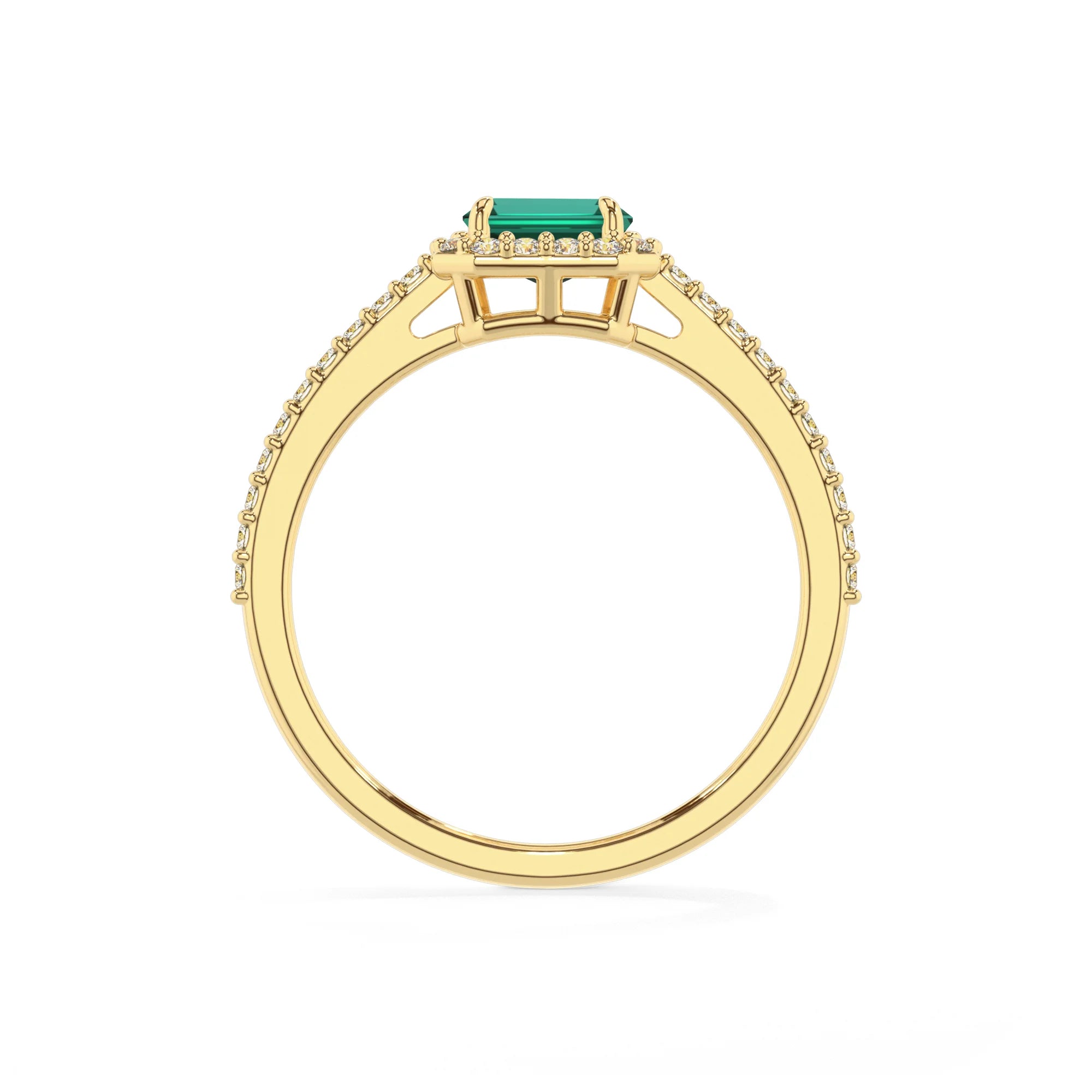 lab grown emerald octogon cut solitaire rings in yellow gold 