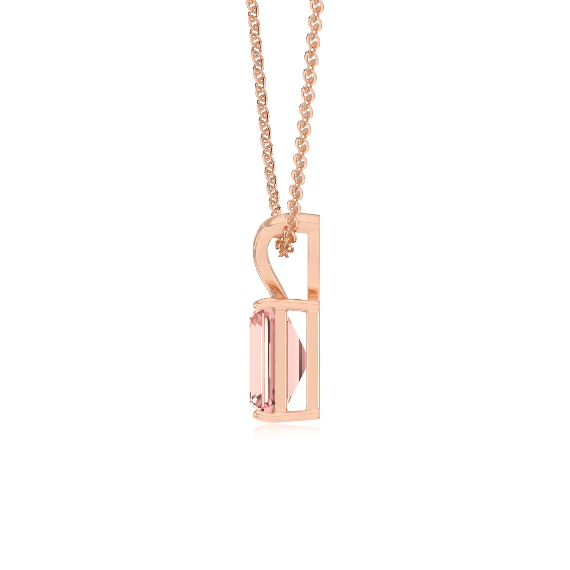 lab grown morganite emerald cut solitaire v-bale necklaces in rose gold 
