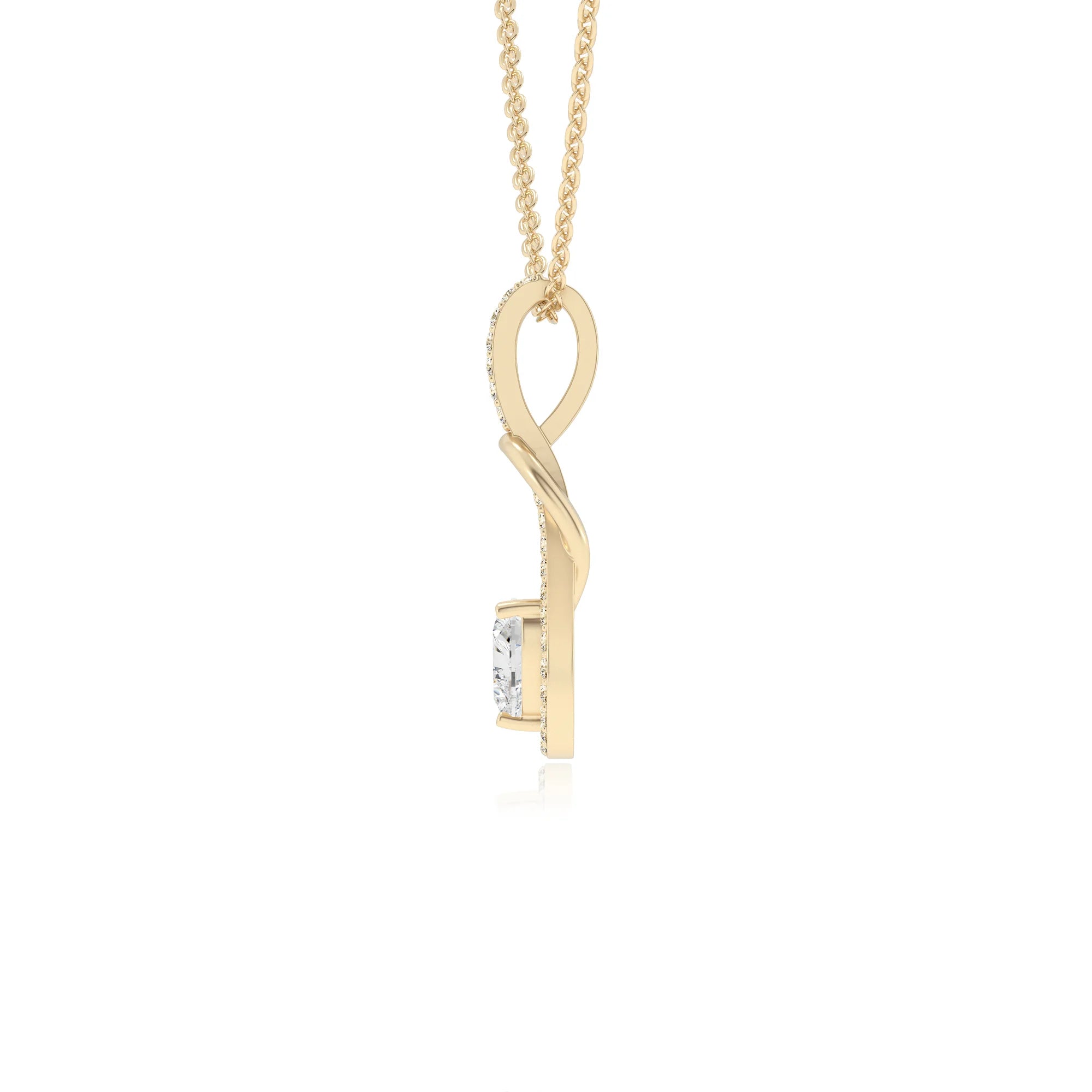 lab grown moissanite heart infinity  v-bale necklaces in yellow gold 