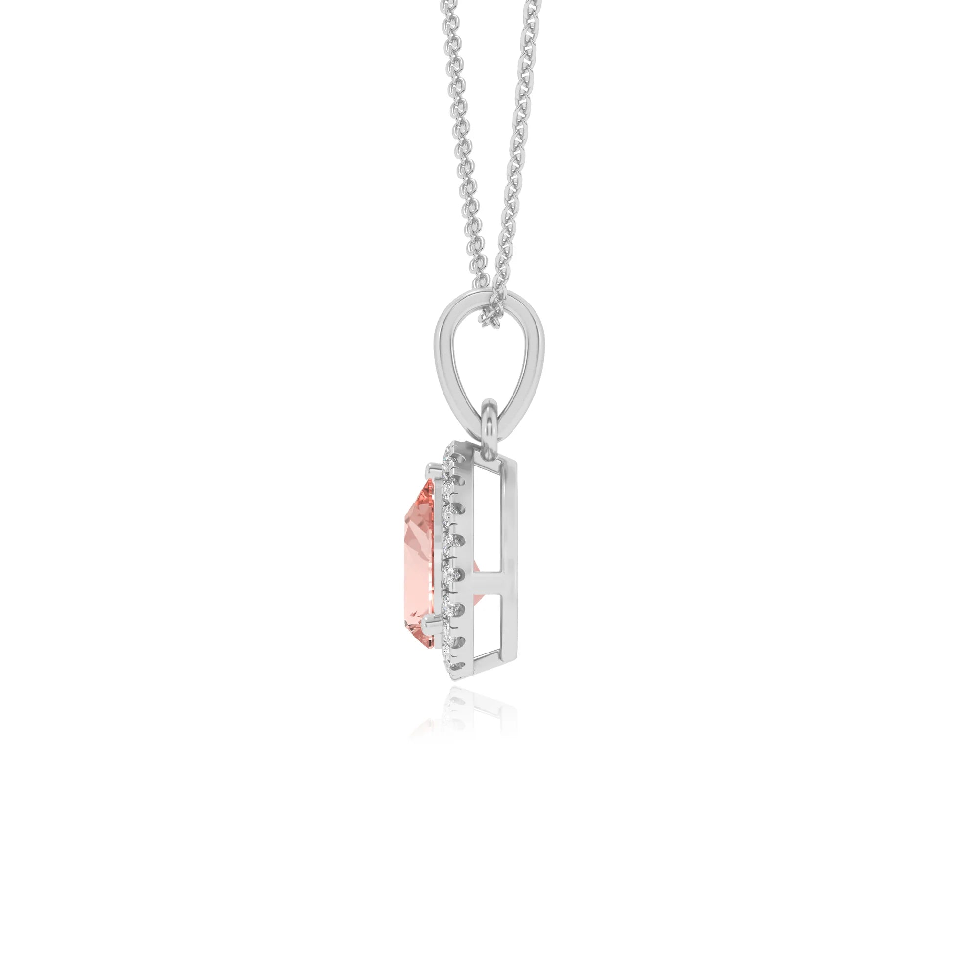 lab grown morganite pear solitaire necklaces in white gold 