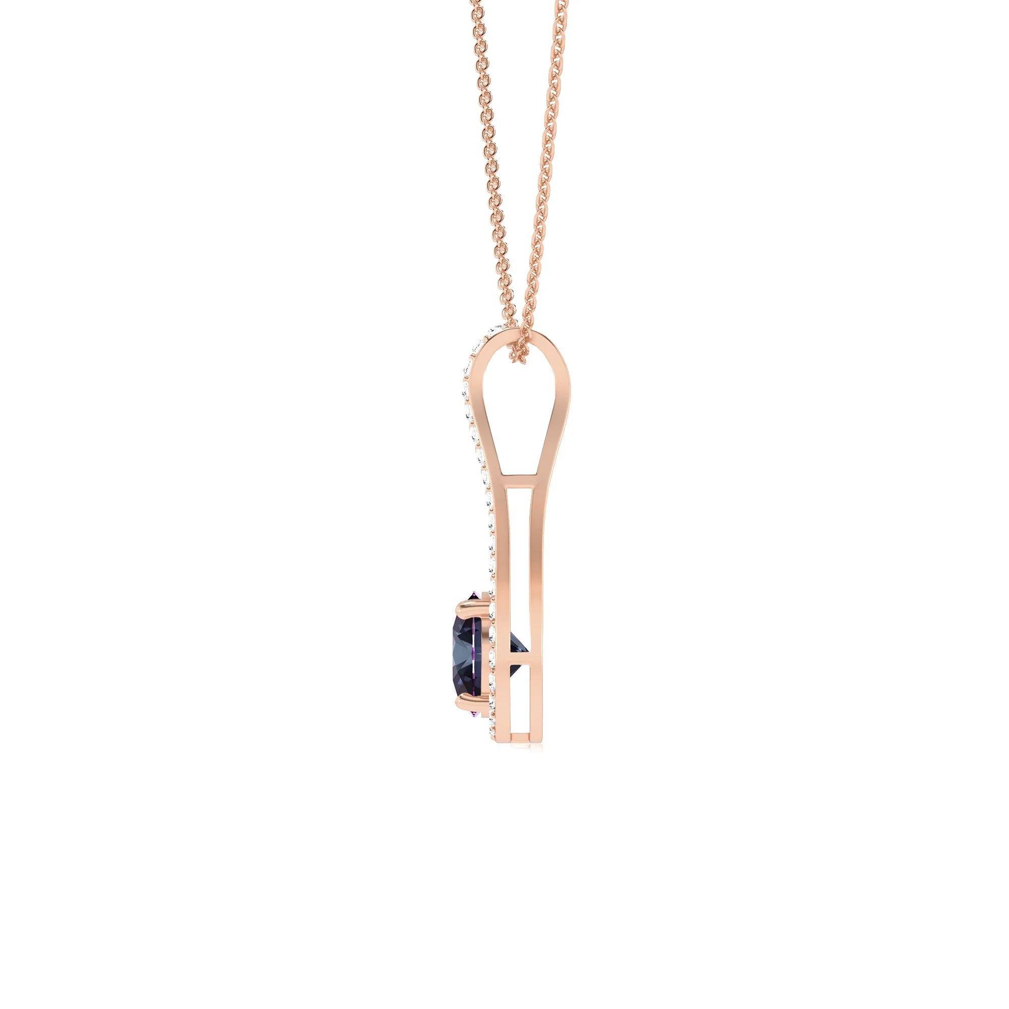 lab grown alexandrite round solitaire v-bale necklaces in rose gold 