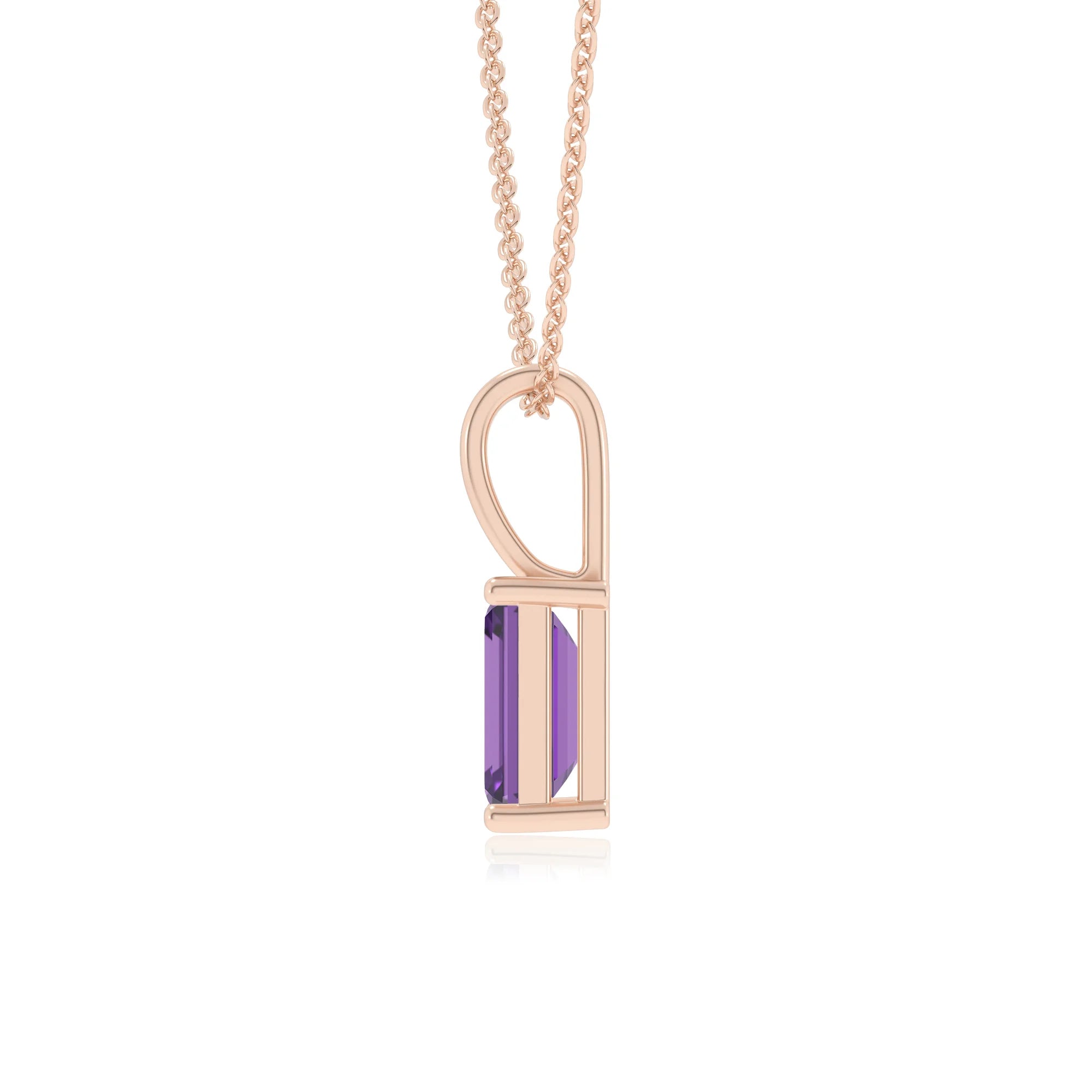 lab grown amethyst emerald cut solitaire necklaces in rose gold 