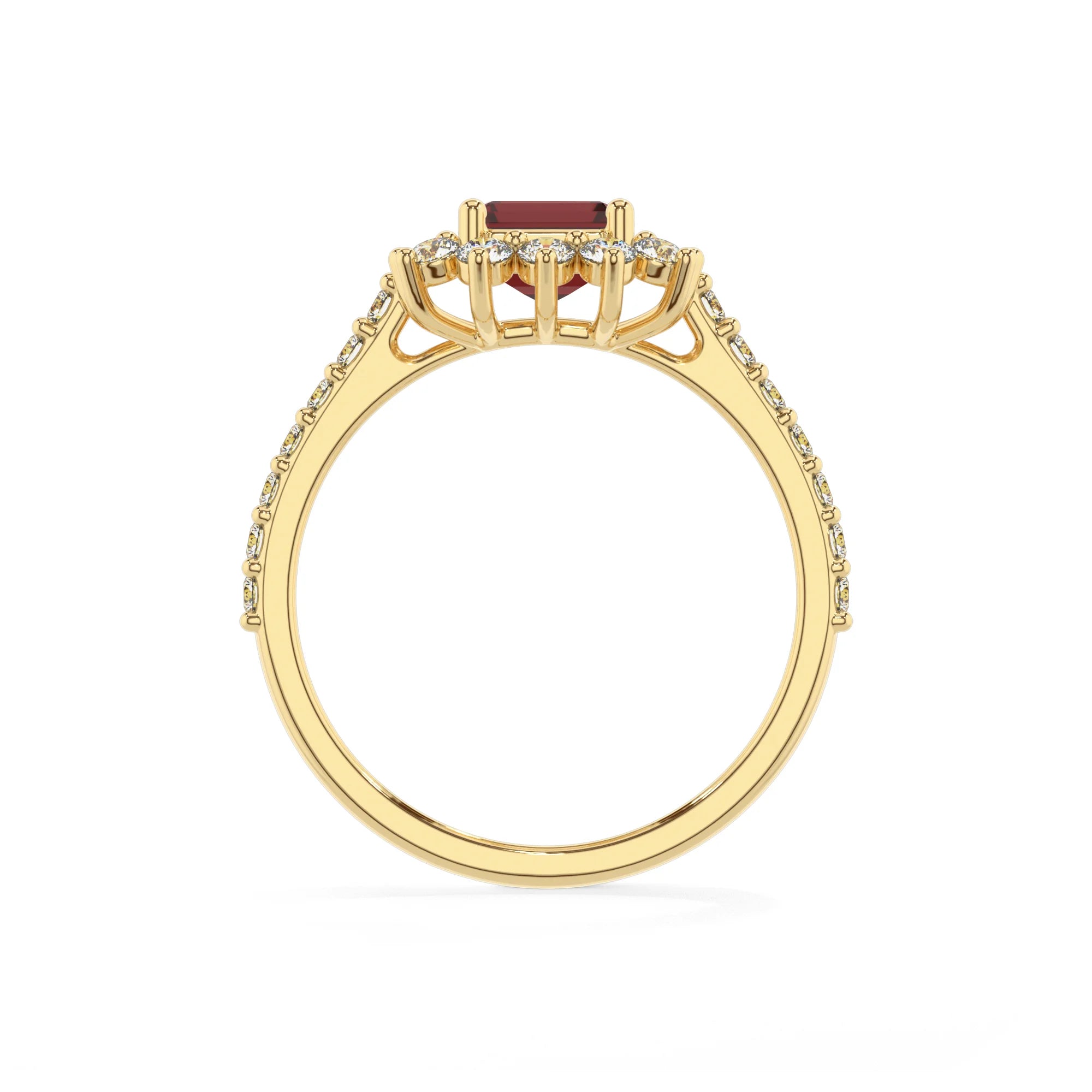 natural garnet emerald cut solitaire rings in yellow gold 