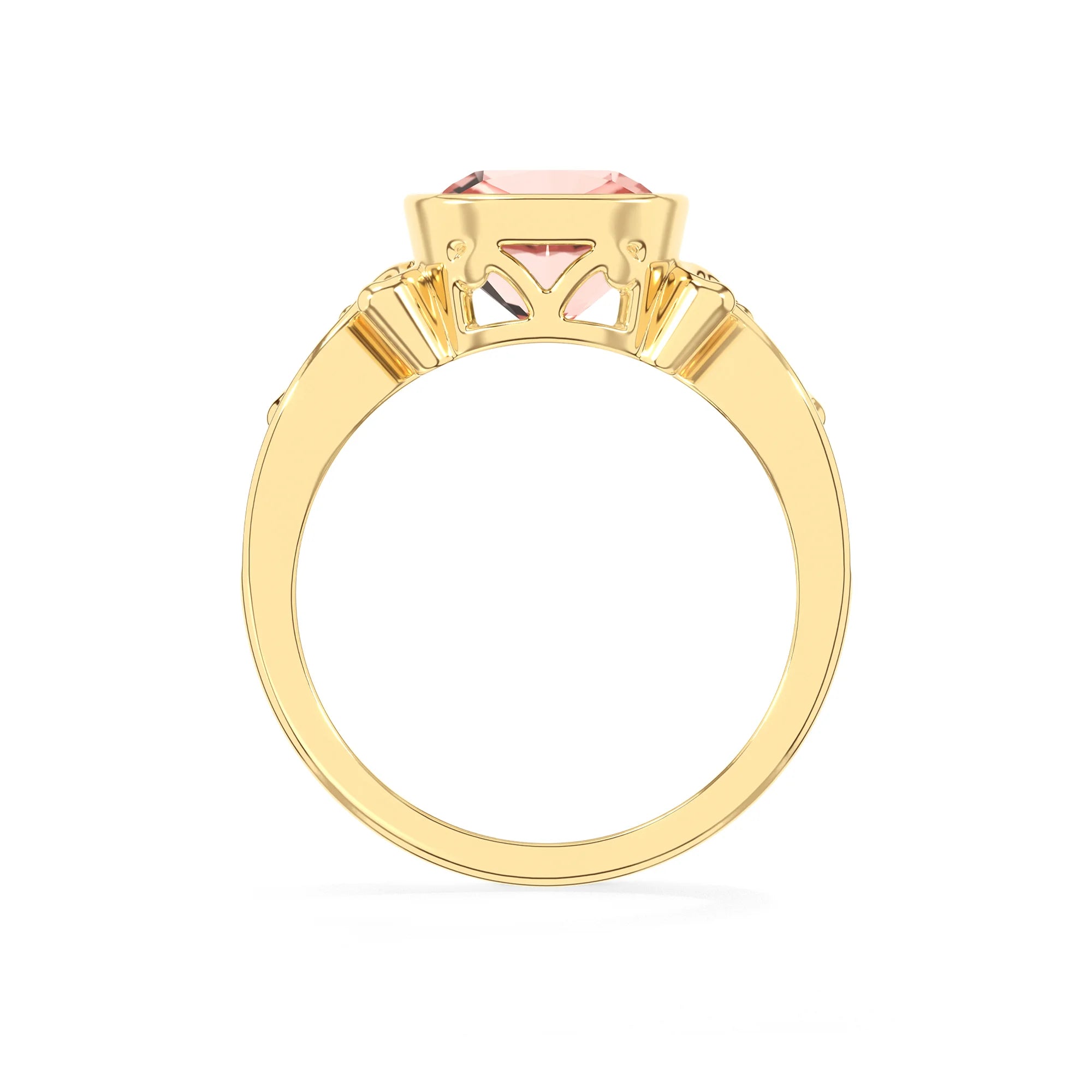 lab grown morganite cushion solitaire rings in yellow gold 