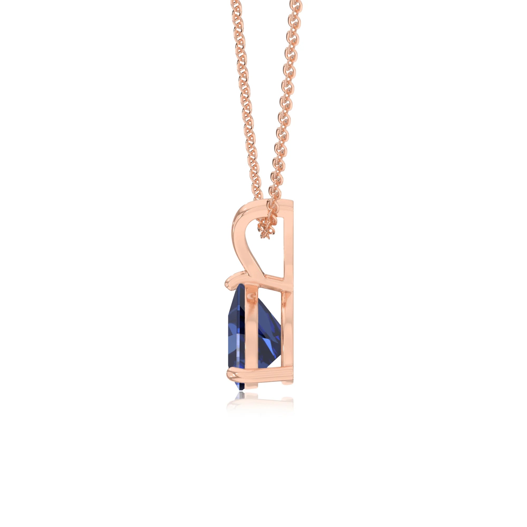 lab grown blue-sapphire trillion solitaire v-bale necklaces in rose gold 