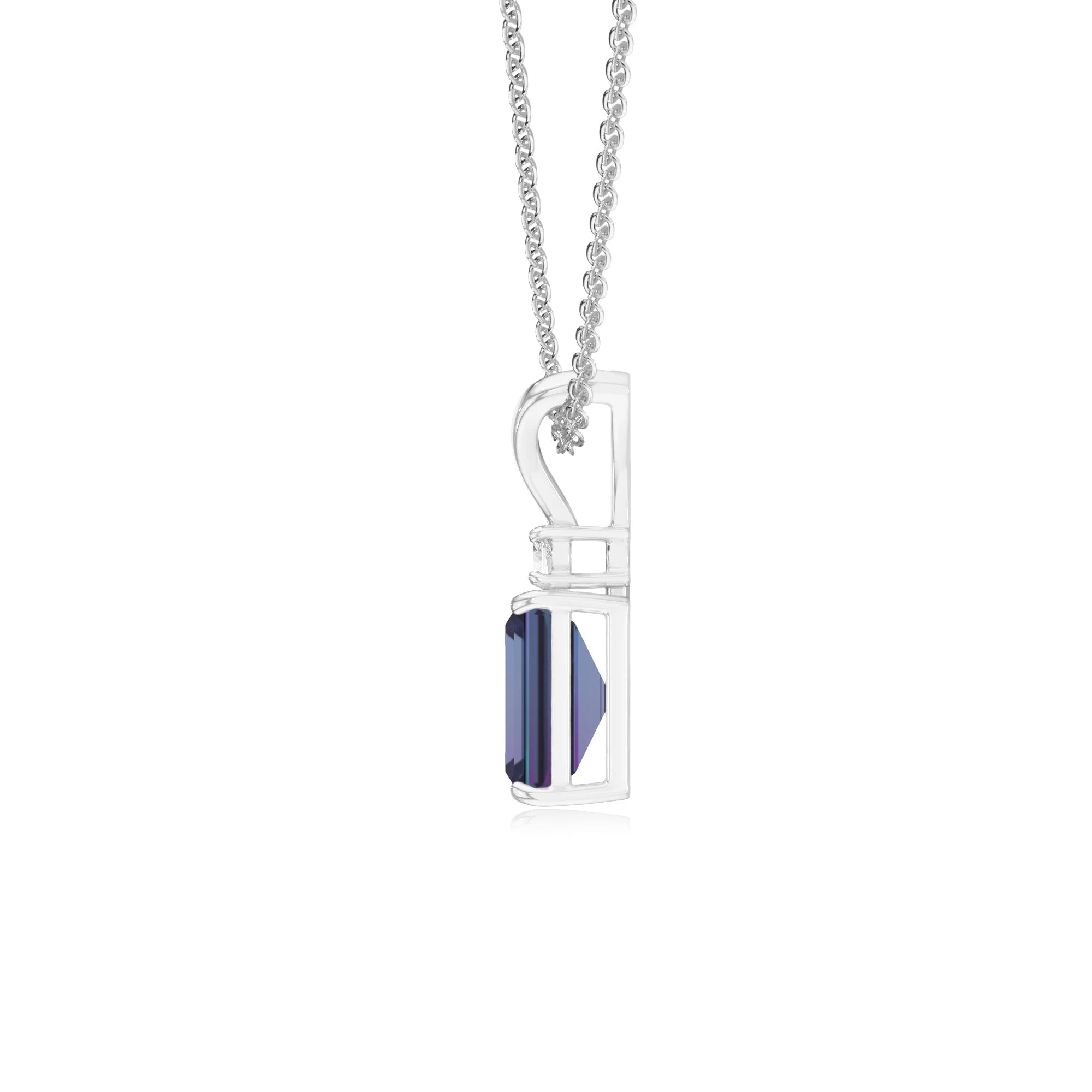 lab grown alexandrite emerald cut solitaire v-bale necklaces in white gold 