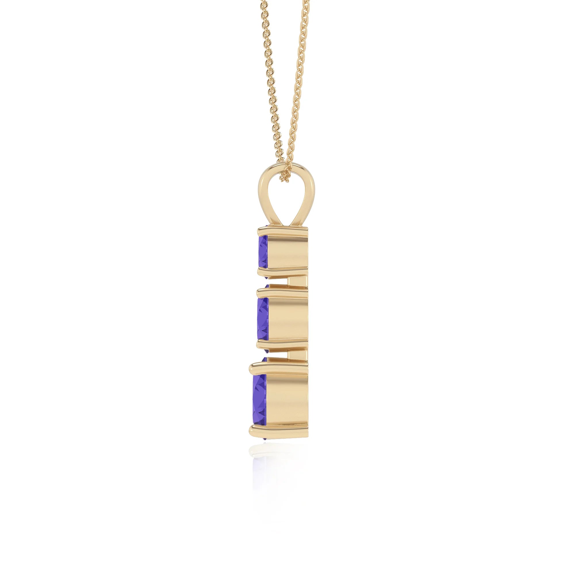 lab grown tanzanite round bar v-bale necklaces in yellow gold 