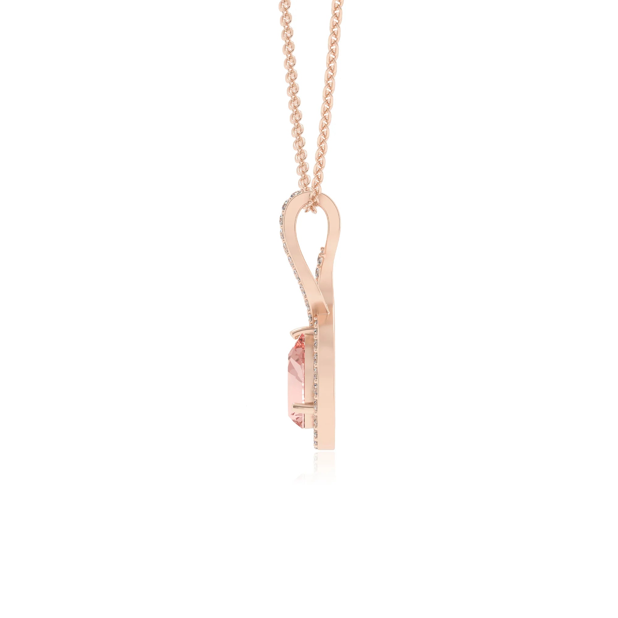 lab grown morganite pear necklaces in rose gold 