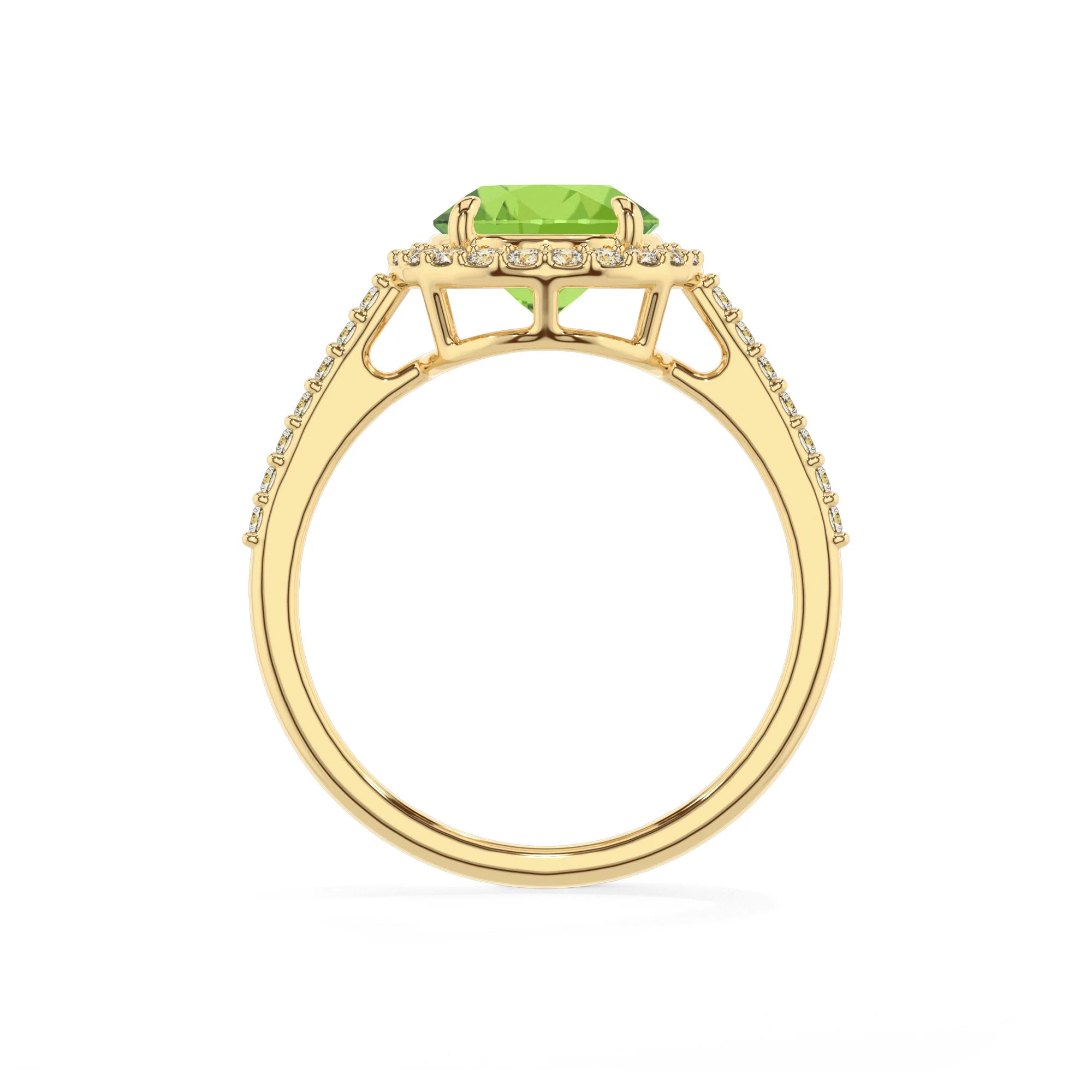 natural peridot round solitaire rings in yellow gold 