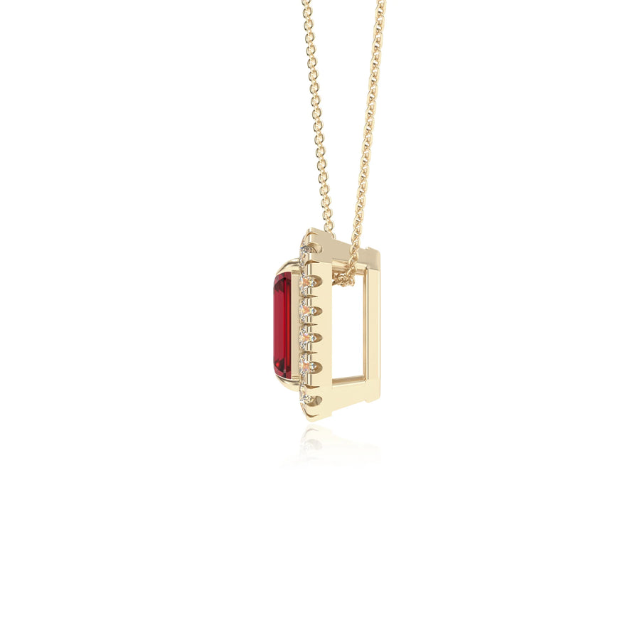 lab grown ruby emerald cut solitaire necklaces in yellow gold 