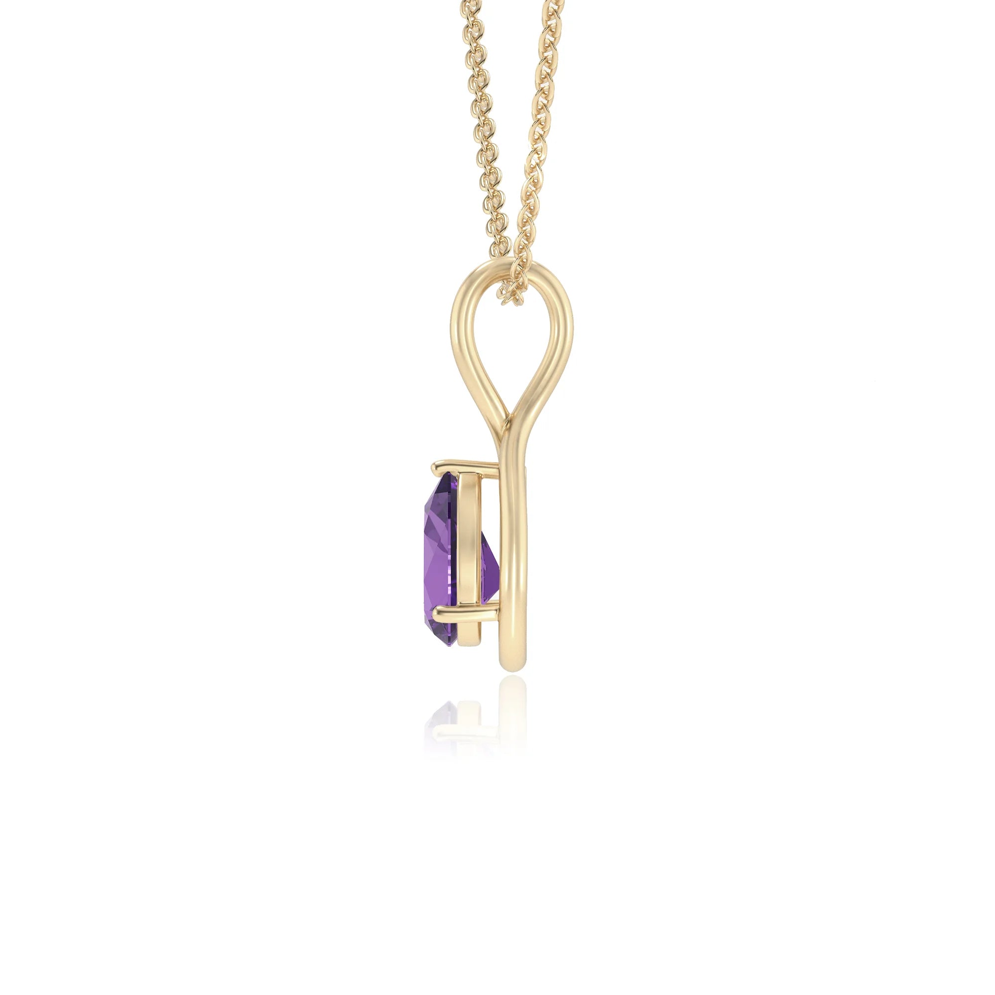 lab grown amethyst pear solitaire necklaces in yellow gold 