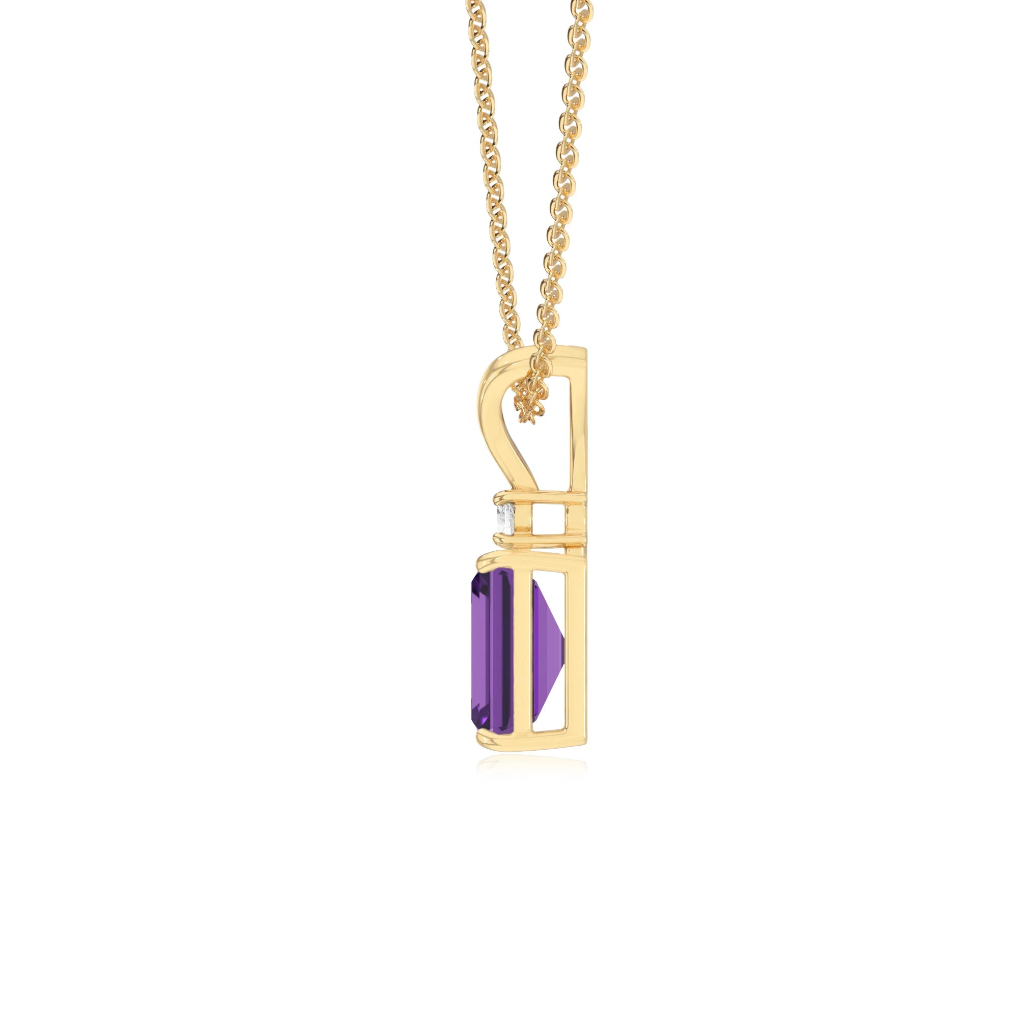 lab grown amethyst emerald cut solitaire v-bale necklaces in yellow gold 