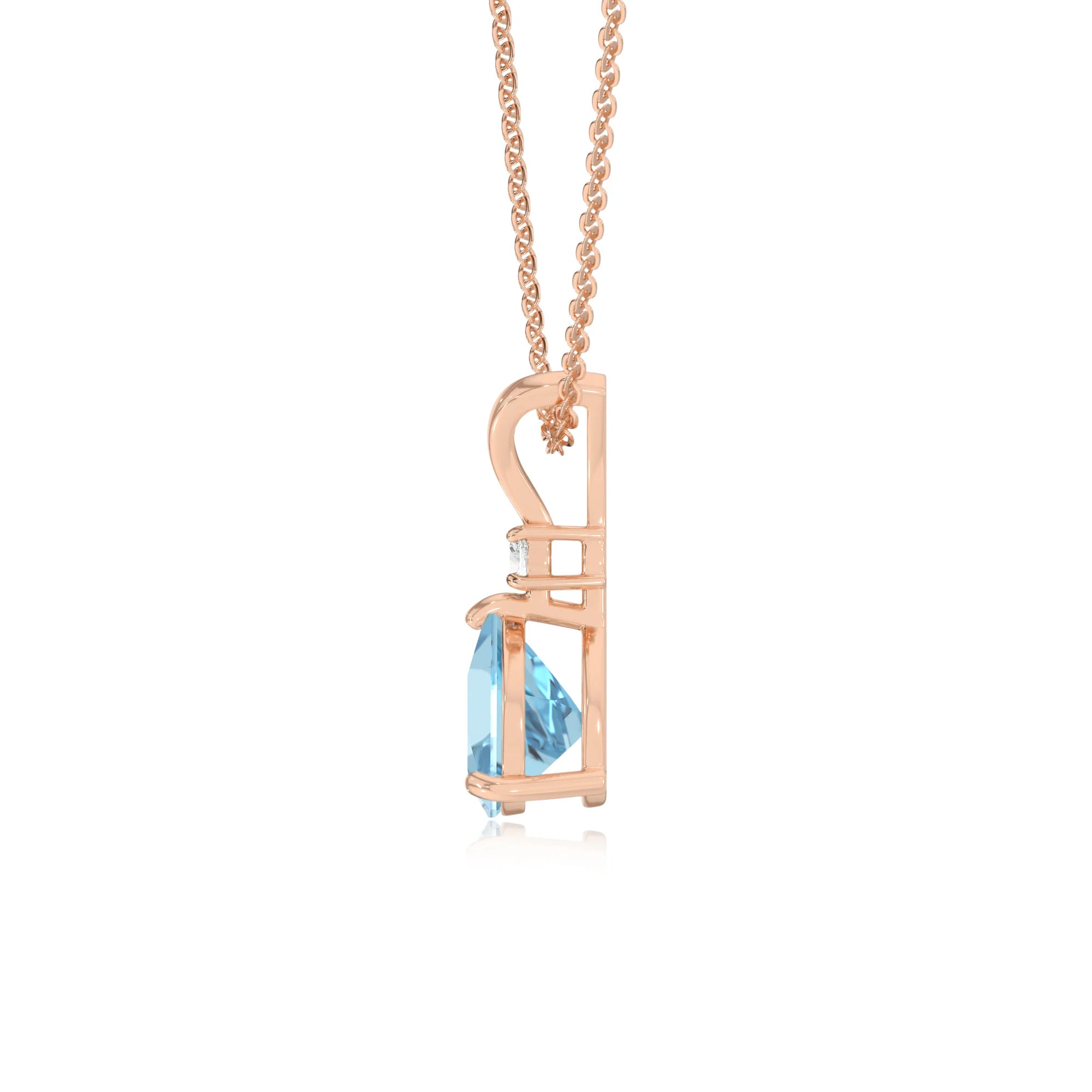 lab grown aquamarine trillion solitaire v-bale necklaces in rose gold 