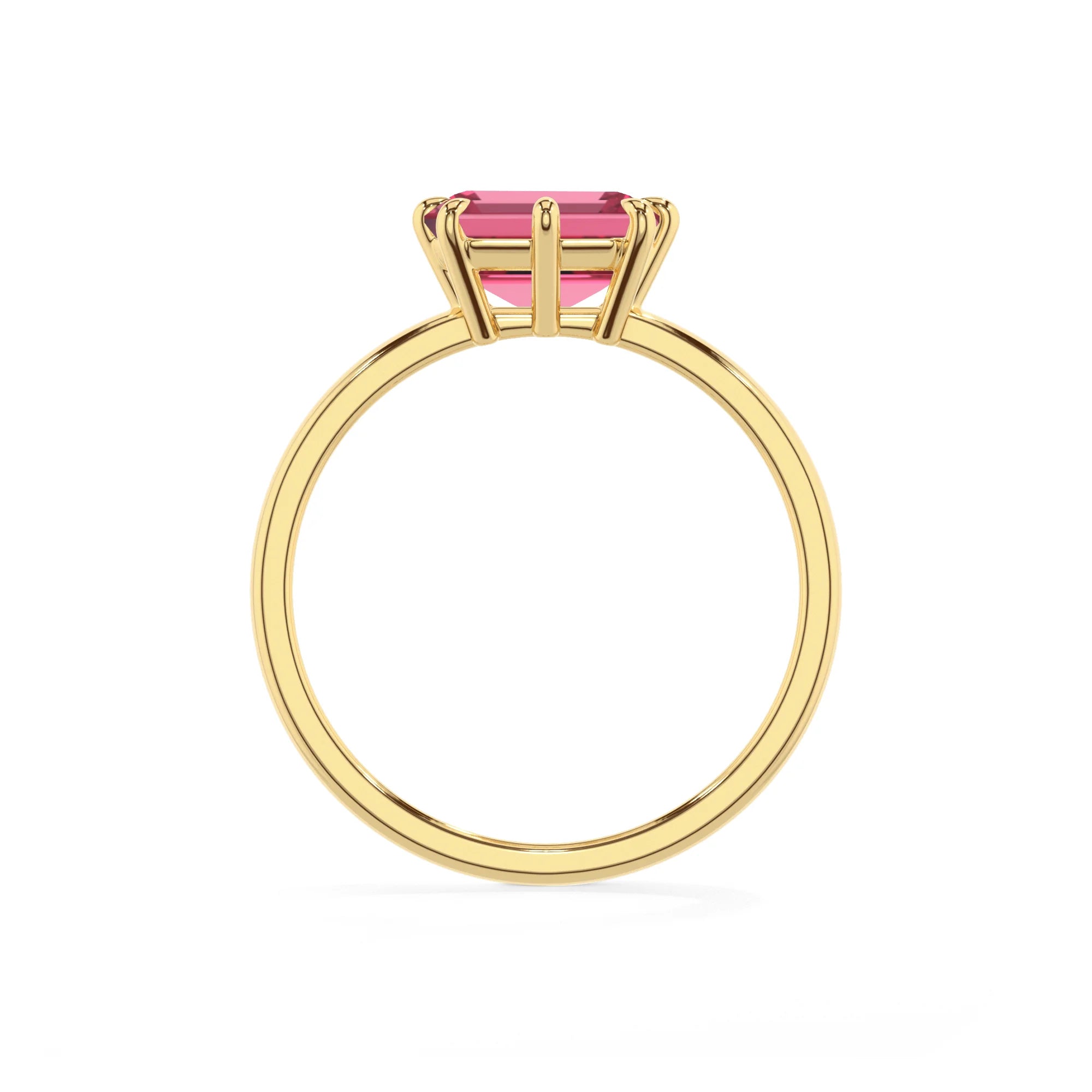 lab grown pink-tourmaline emerald cut solitaire rings in yellow gold 