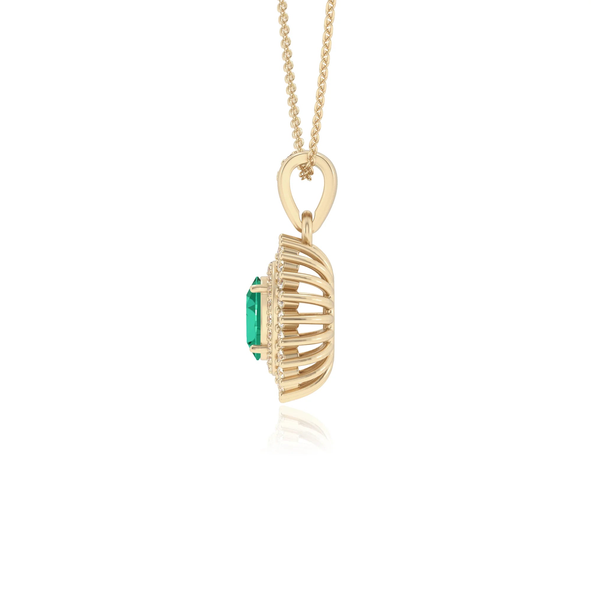 lab grown emerald oval halo necklaces in yellow gold 