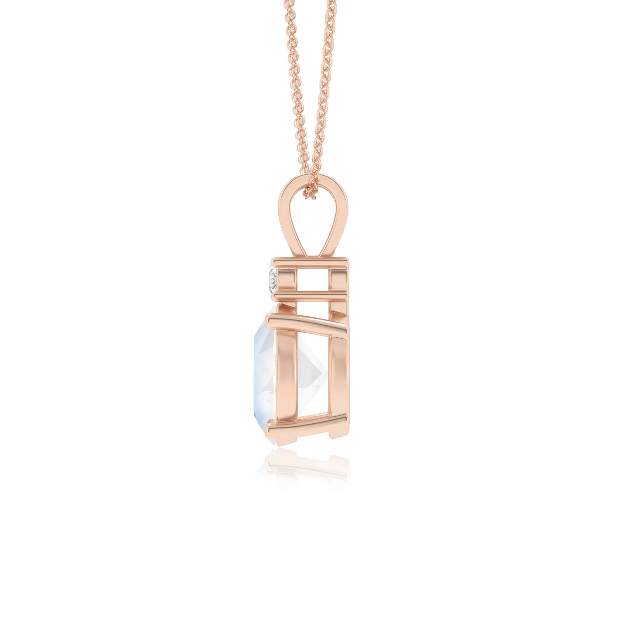 natural rainbow-moonstone round solitaire v-bale necklaces in rose gold 