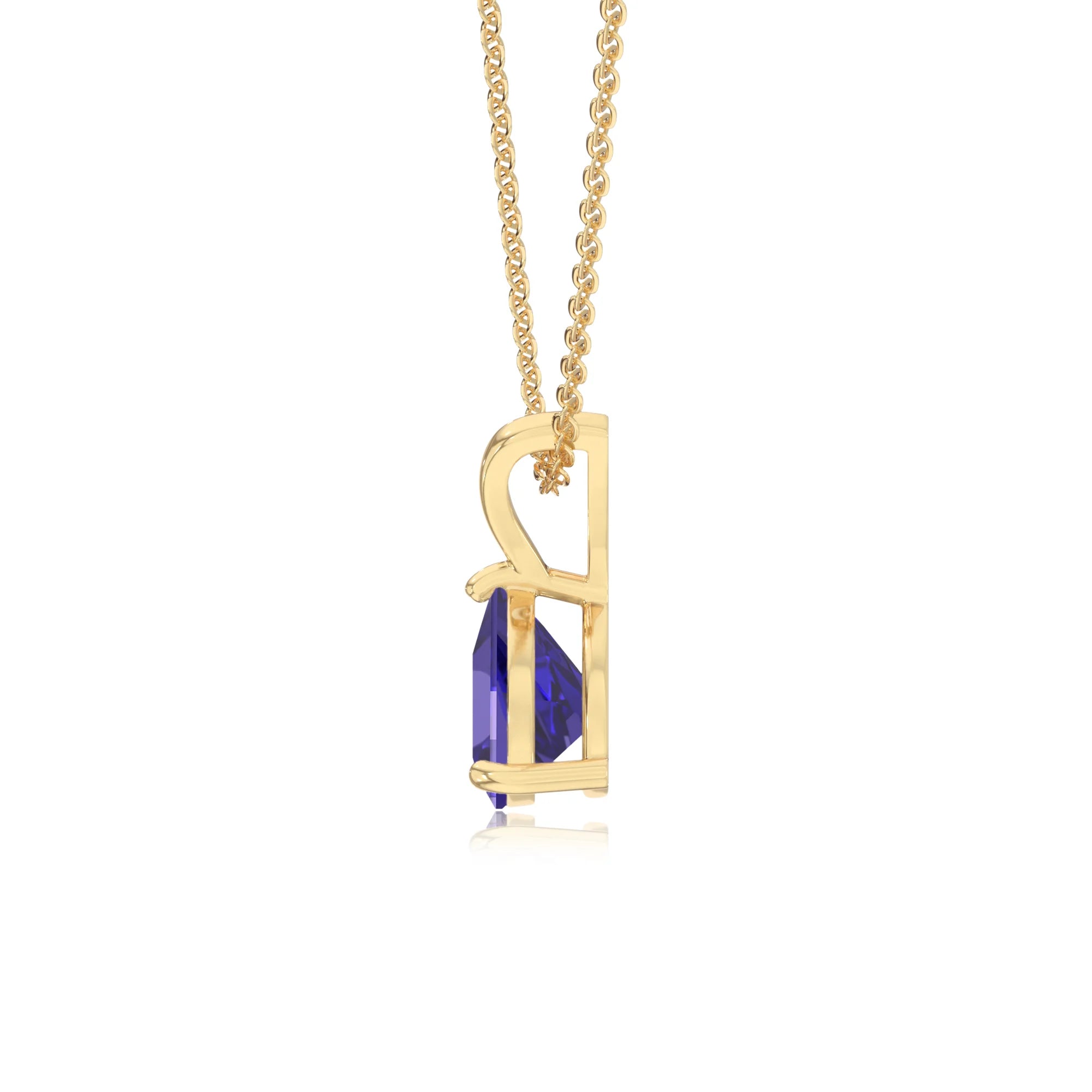 lab grown tanzanite trillion solitaire v-bale necklaces in yellow gold 