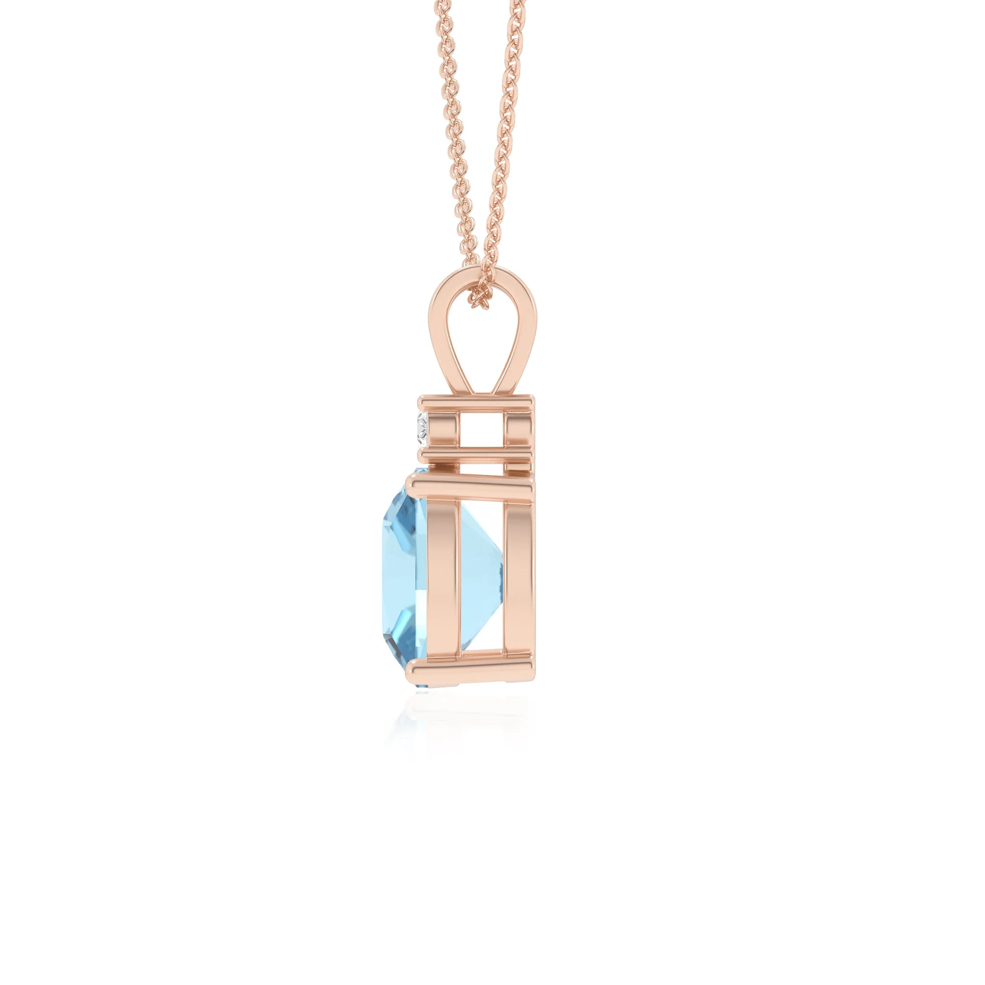 lab grown aquamarine cushion solitaire v-bale necklaces in rose gold 