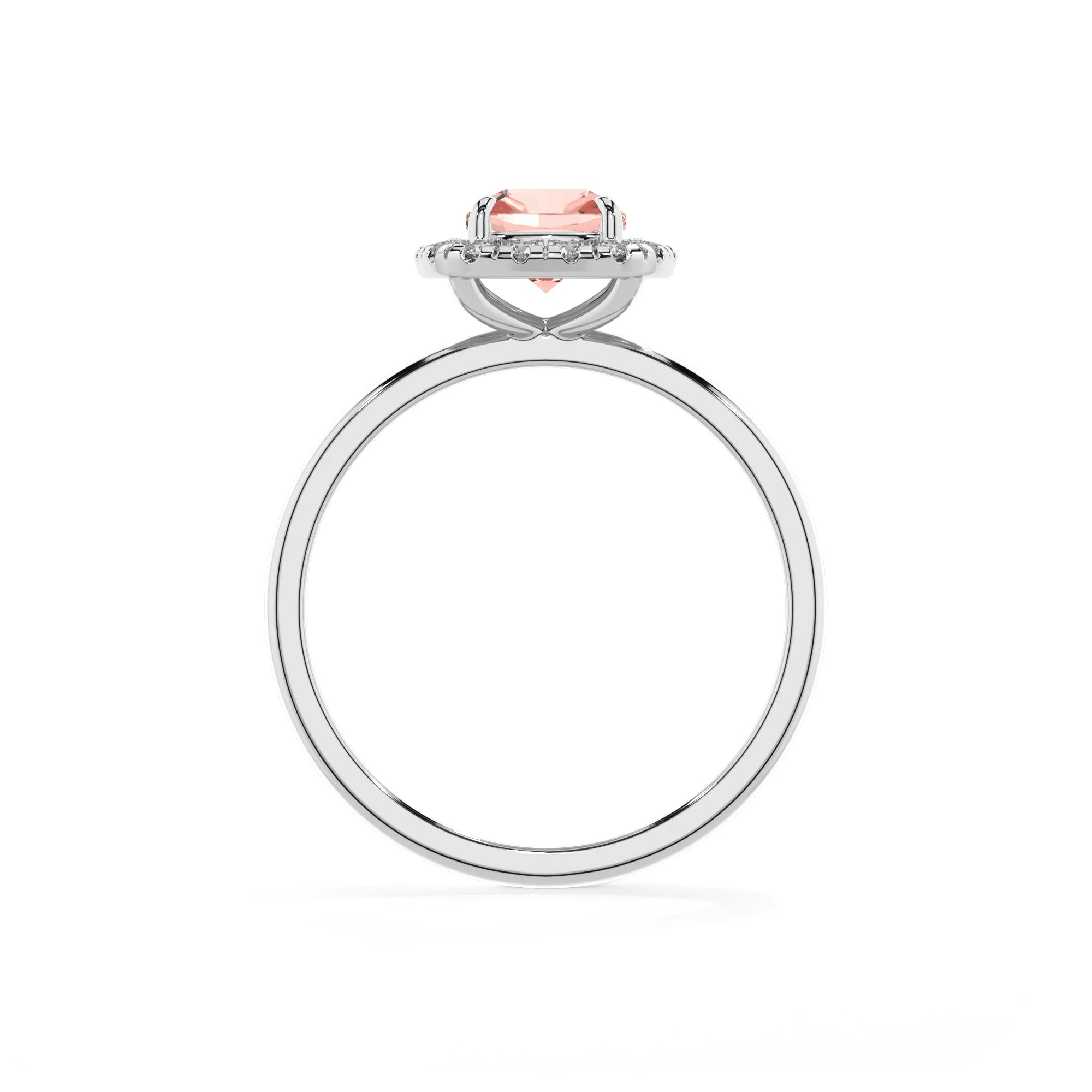 lab grown morganite cushion solitaire rings in platinum 