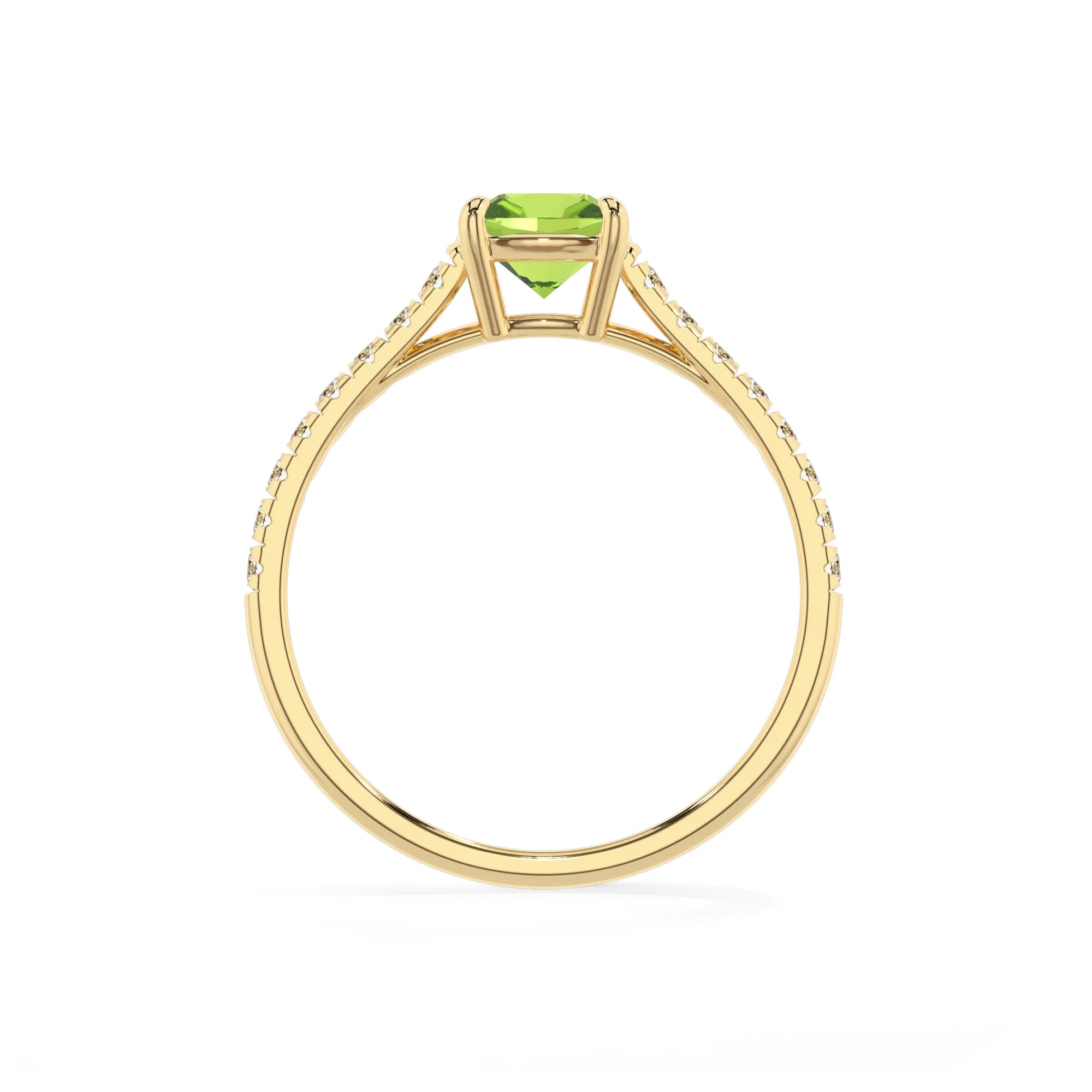 natural peridot cushion half eternity solitaire engagement rings in yellow gold 