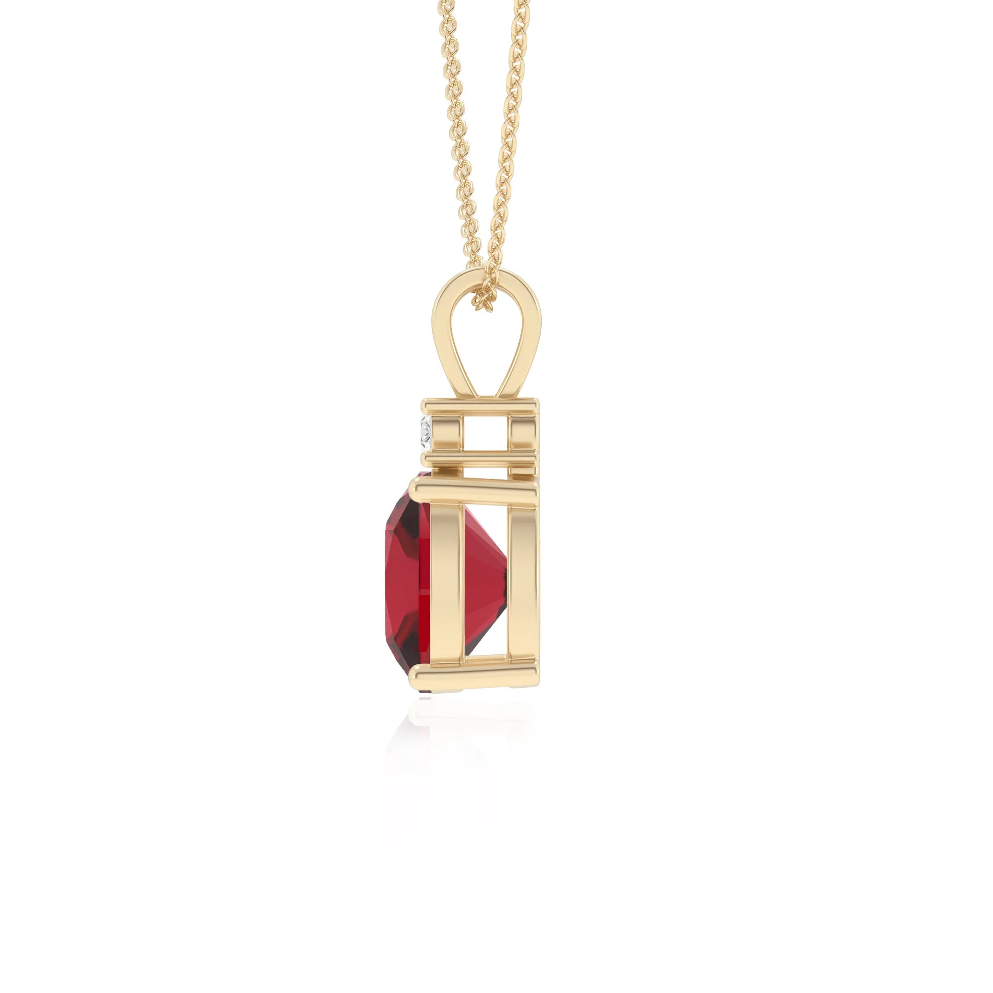 lab grown ruby cushion solitaire v-bale necklaces in yellow gold 