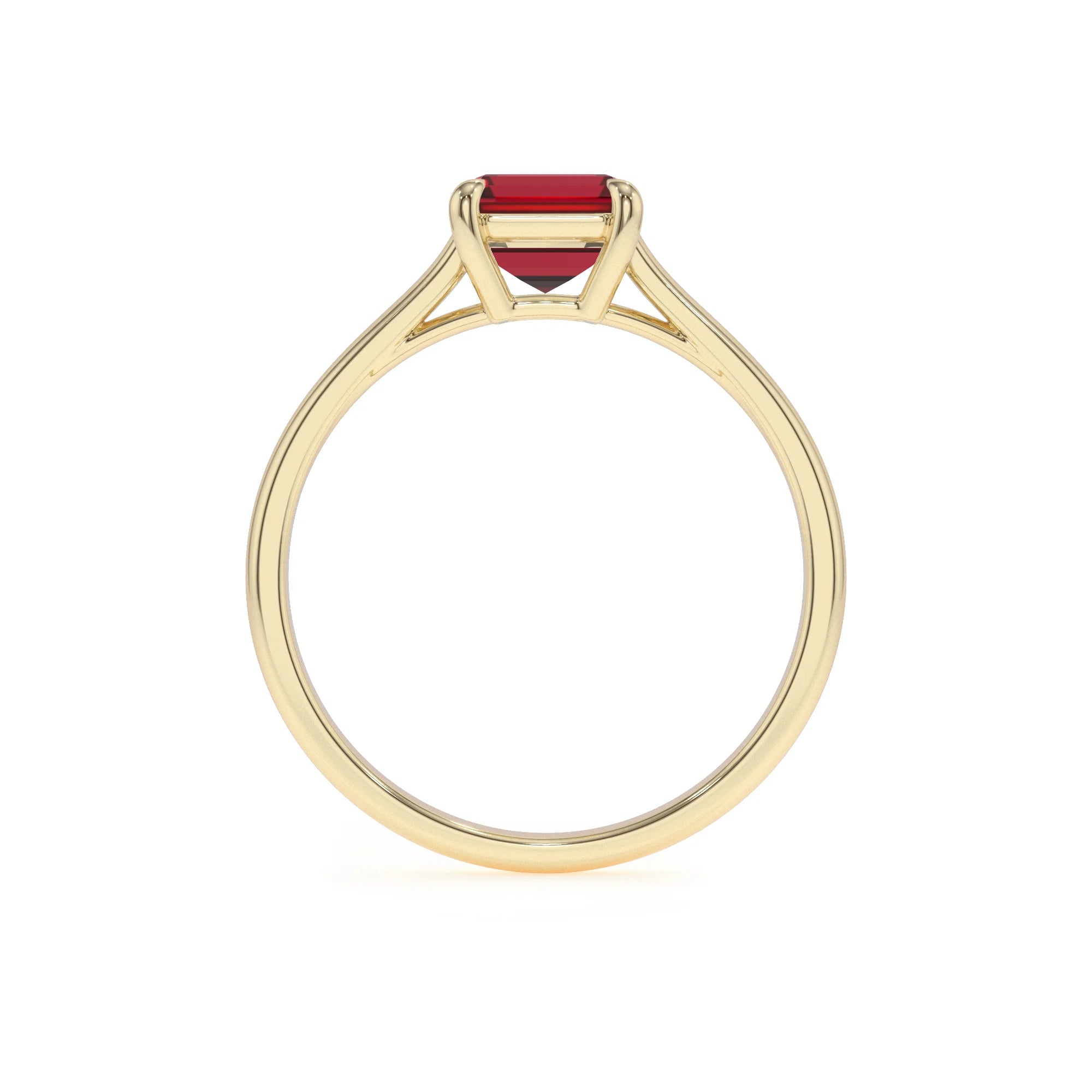 lab grown ruby emerald cut solitaire rings in yellow gold 