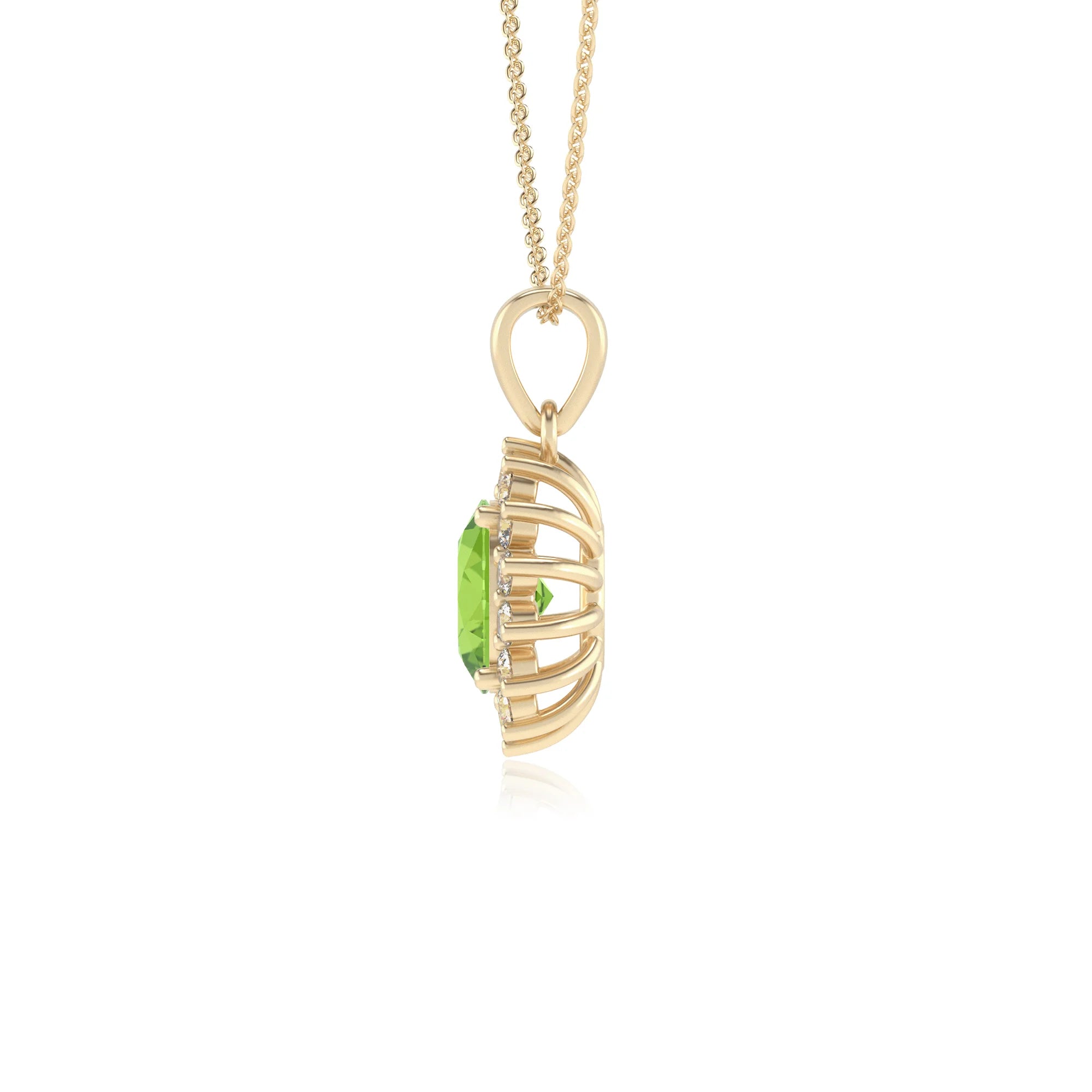 natural peridot oval halo necklaces in yellow gold 