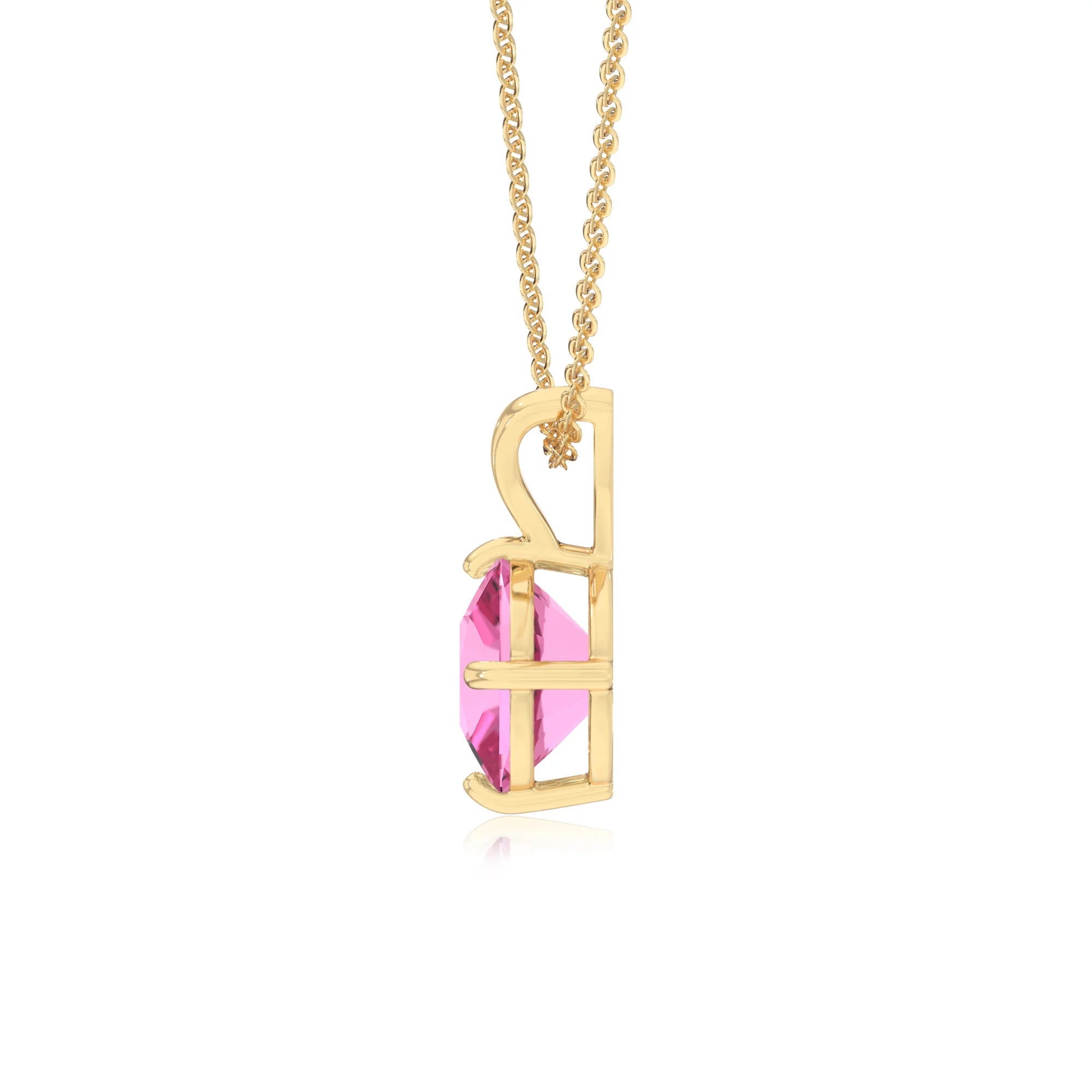 lab grown pink-sapphire cushion solitaire v-bale necklaces in yellow gold 