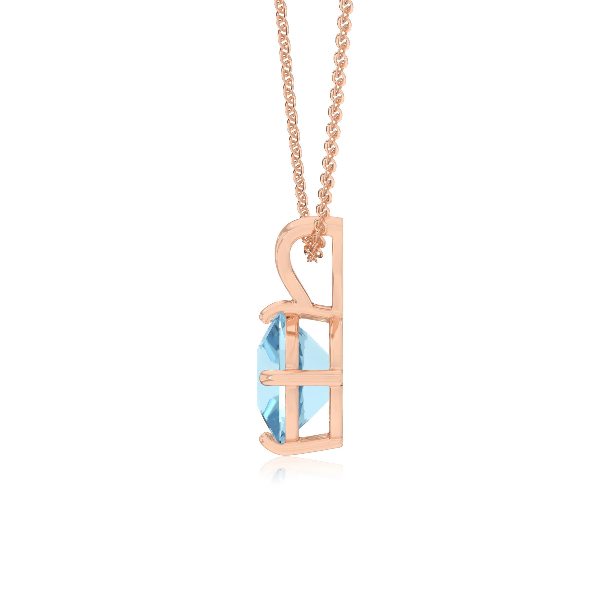 lab grown aquamarine cushion solitaire v-bale necklaces in rose gold 