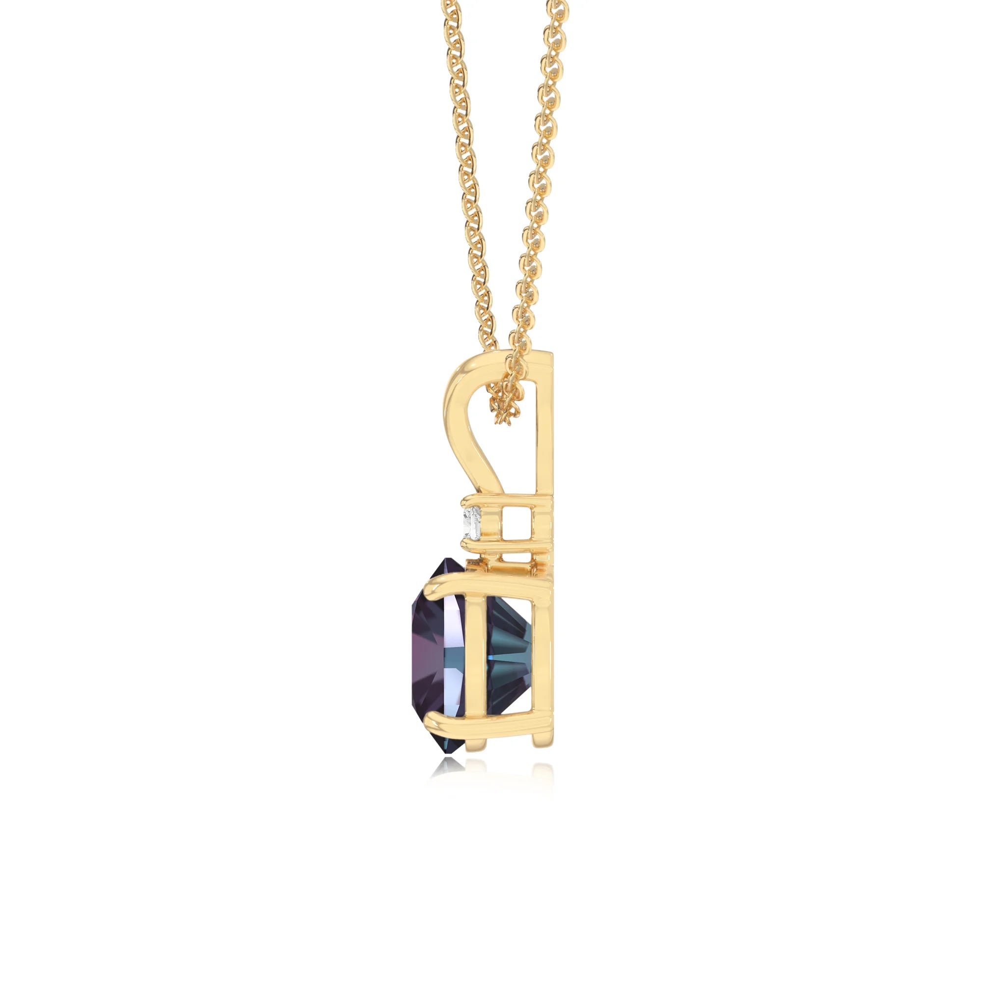 lab grown alexandrite cushion solitaire v-bale necklaces in yellow gold 