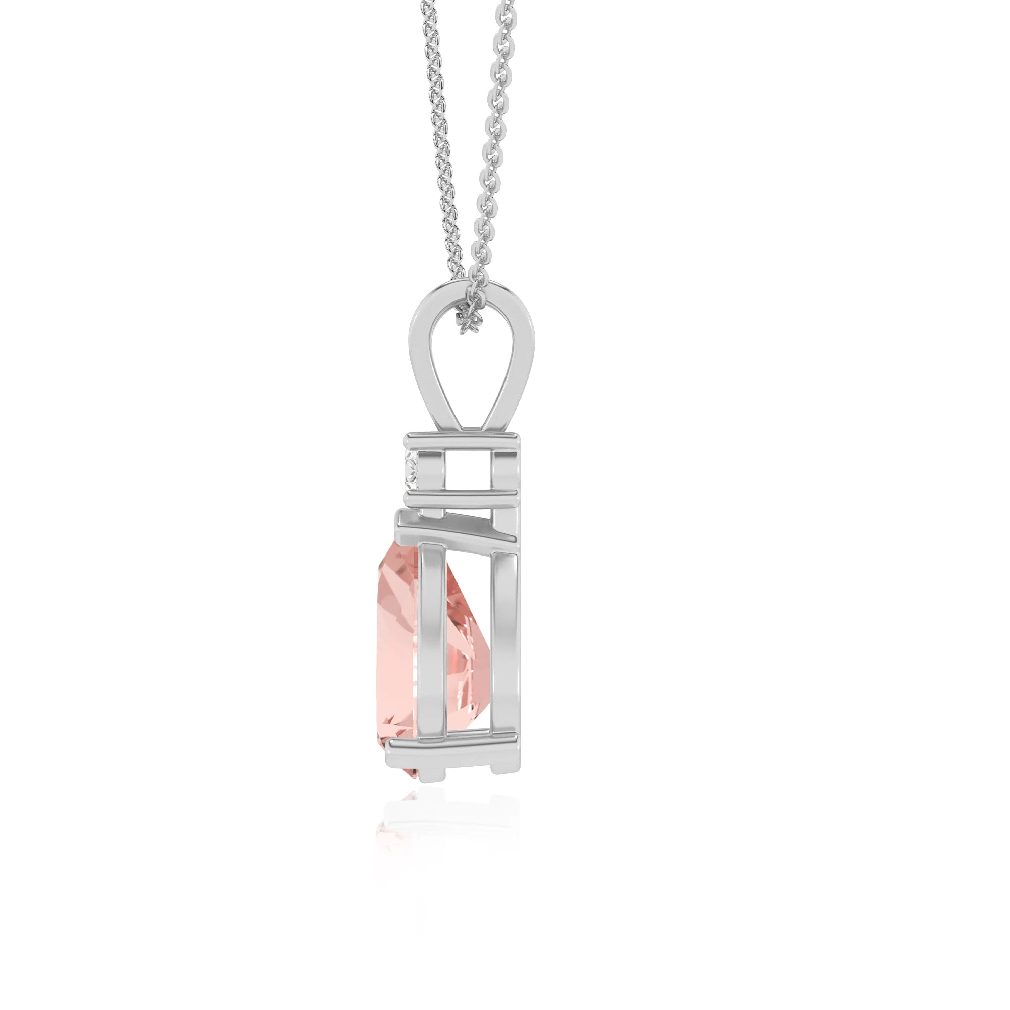 lab grown morganite pear solitaire v-bale necklaces in platinum 