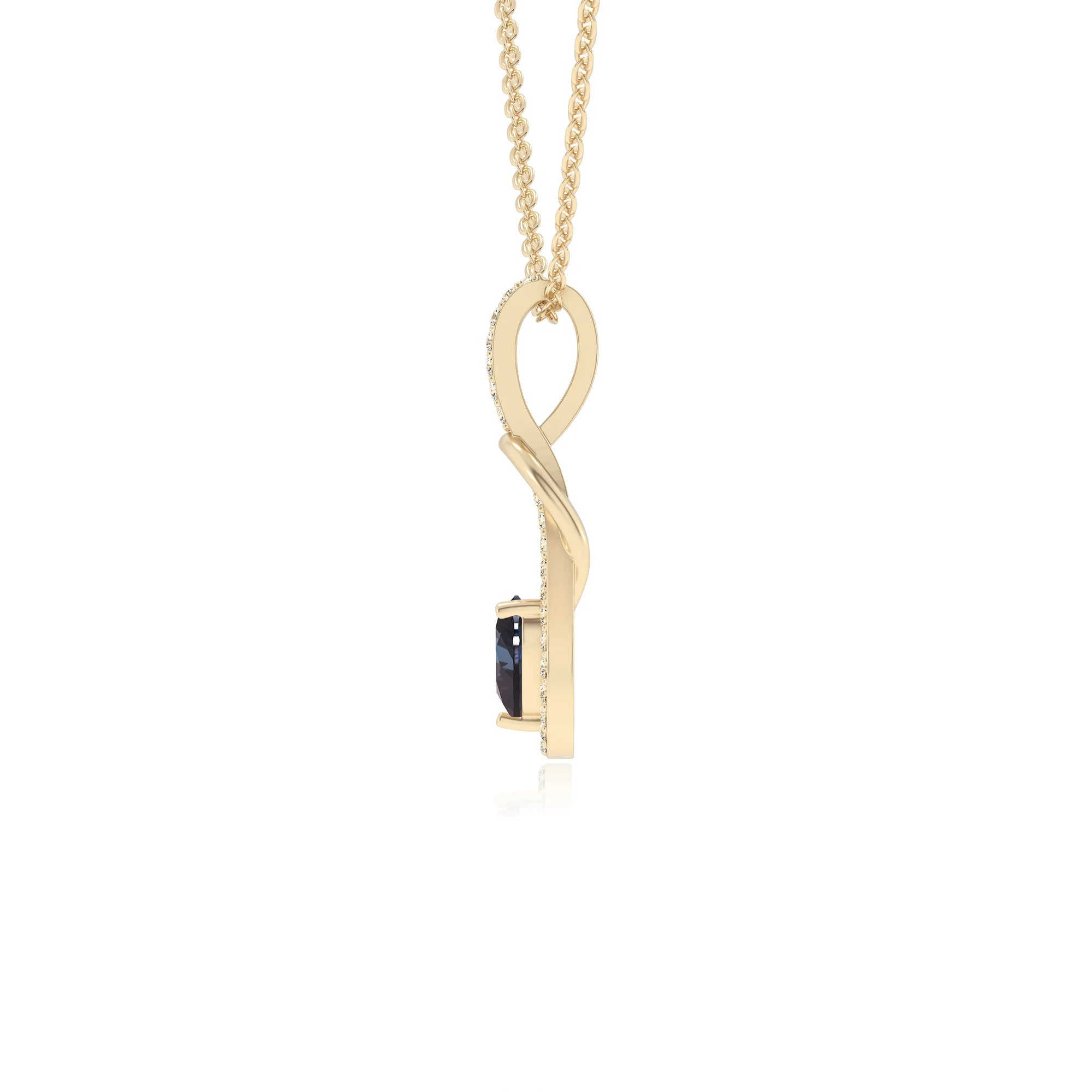lab grown alexandrite heart infinity  v-bale necklaces in yellow gold 