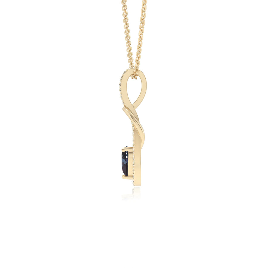 lab grown alexandrite heart infinity  v-bale necklaces in yellow gold 