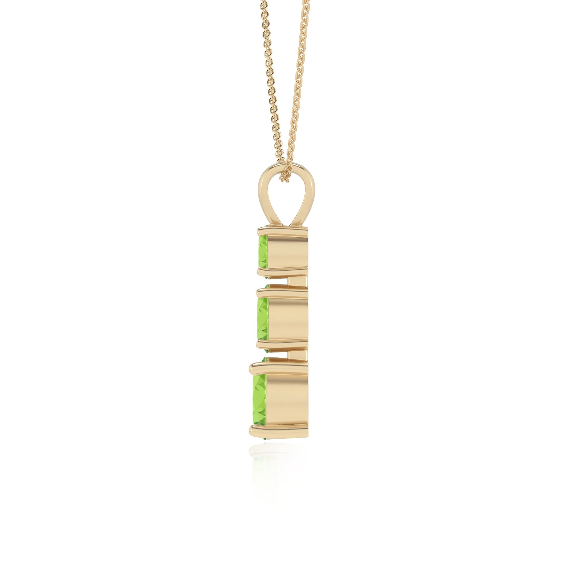 natural peridot round bar v-bale necklaces in yellow gold 