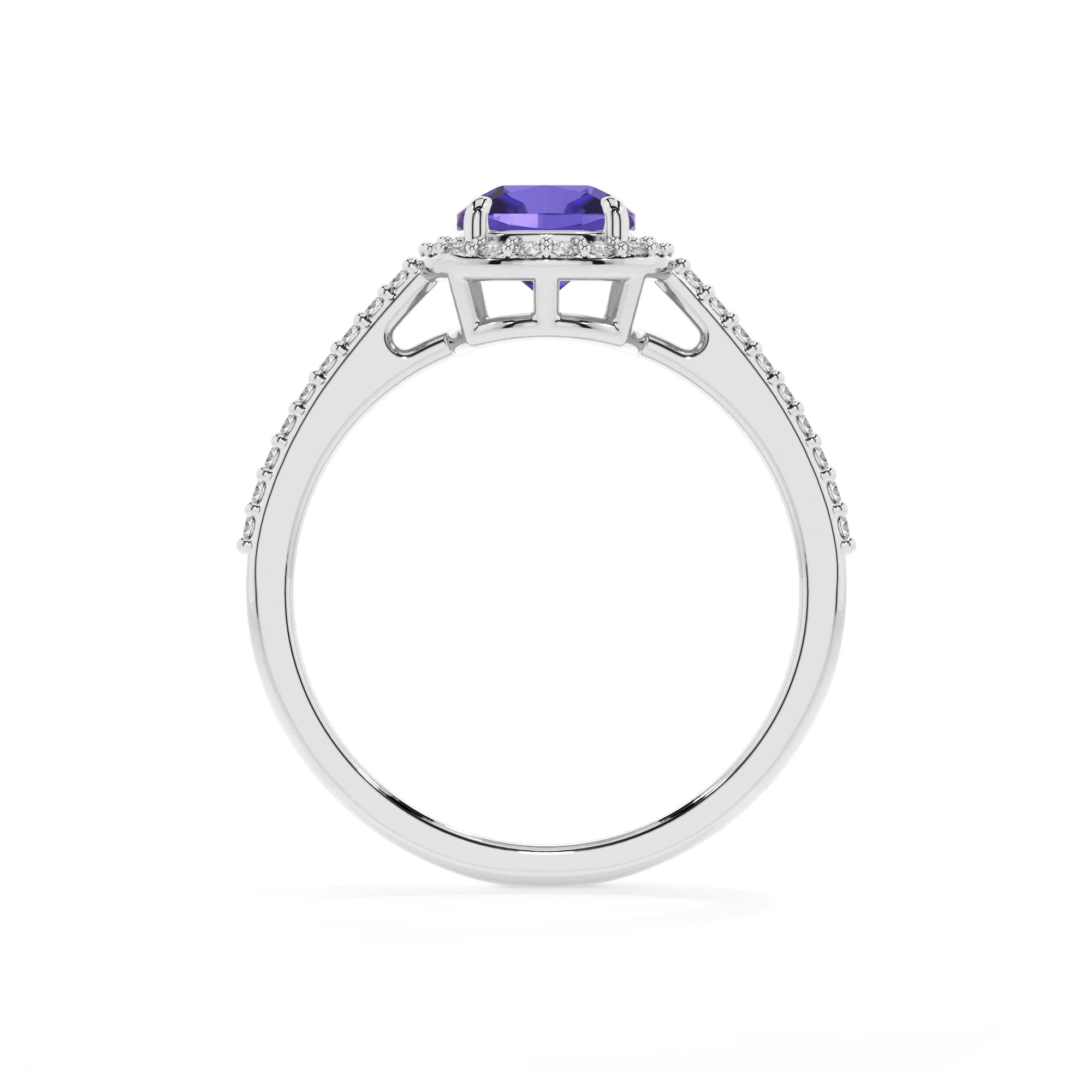 lab grown tanzanite cushion solitaire rings in platinum 