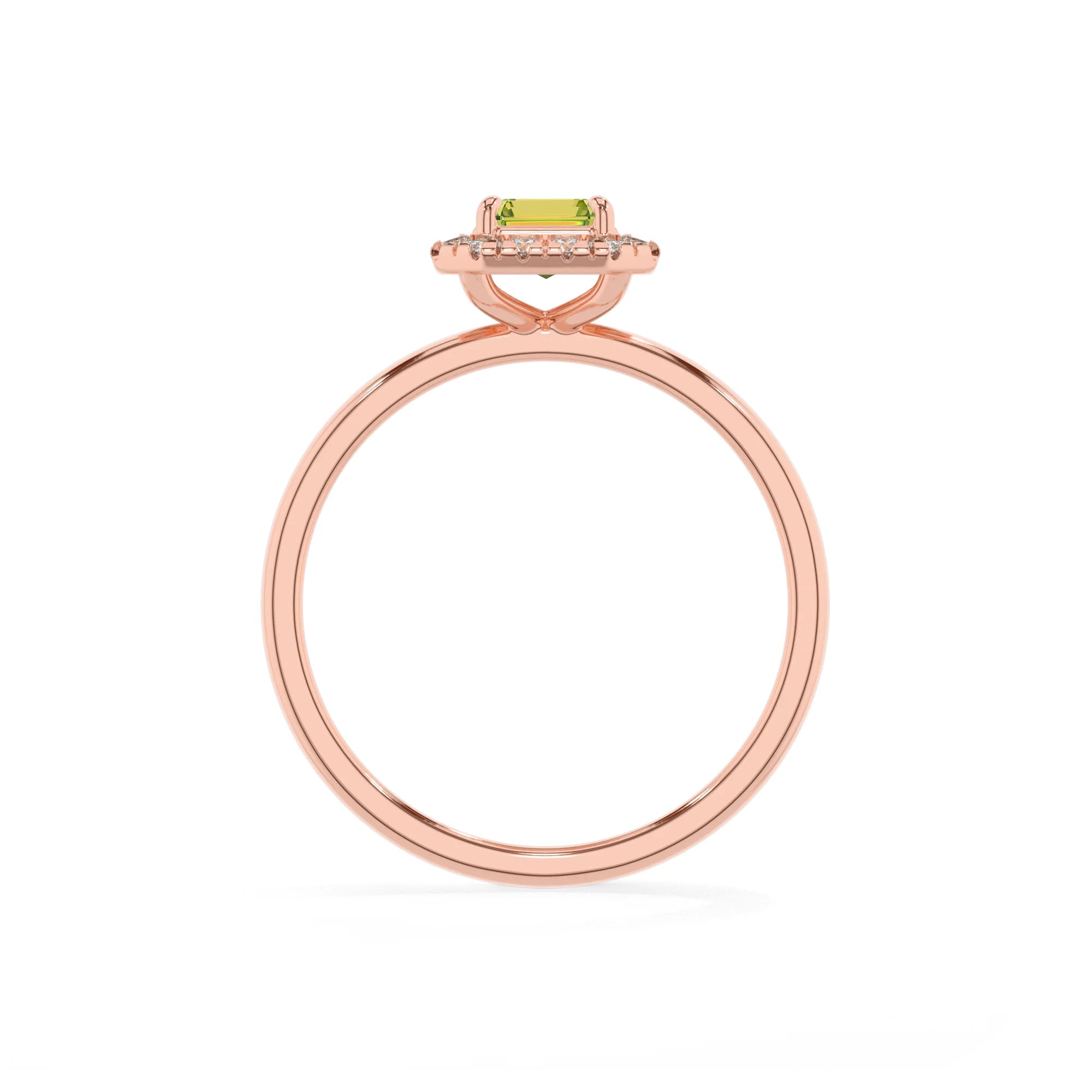 natural peridot emerald cut solitaire rings in rose gold 